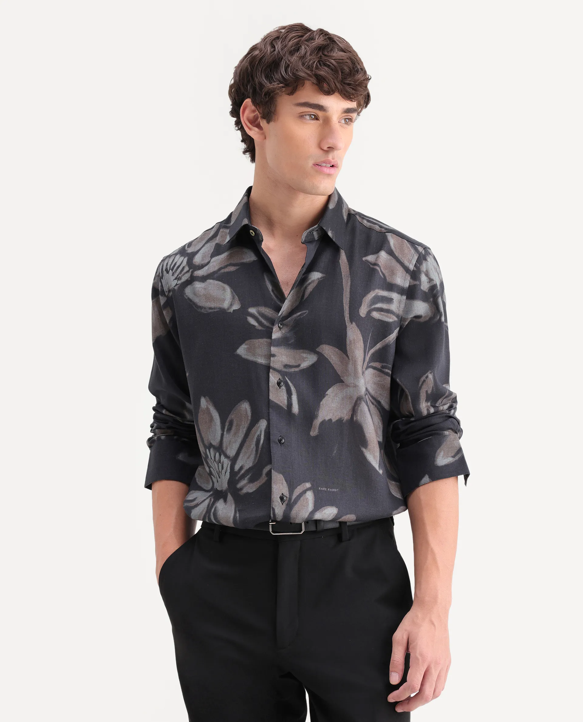 Rare Rabbit Men's Amzo Black Viscose Fabric Full Sleeve Spread Collar Regular Floral Print Shirt - Image 4