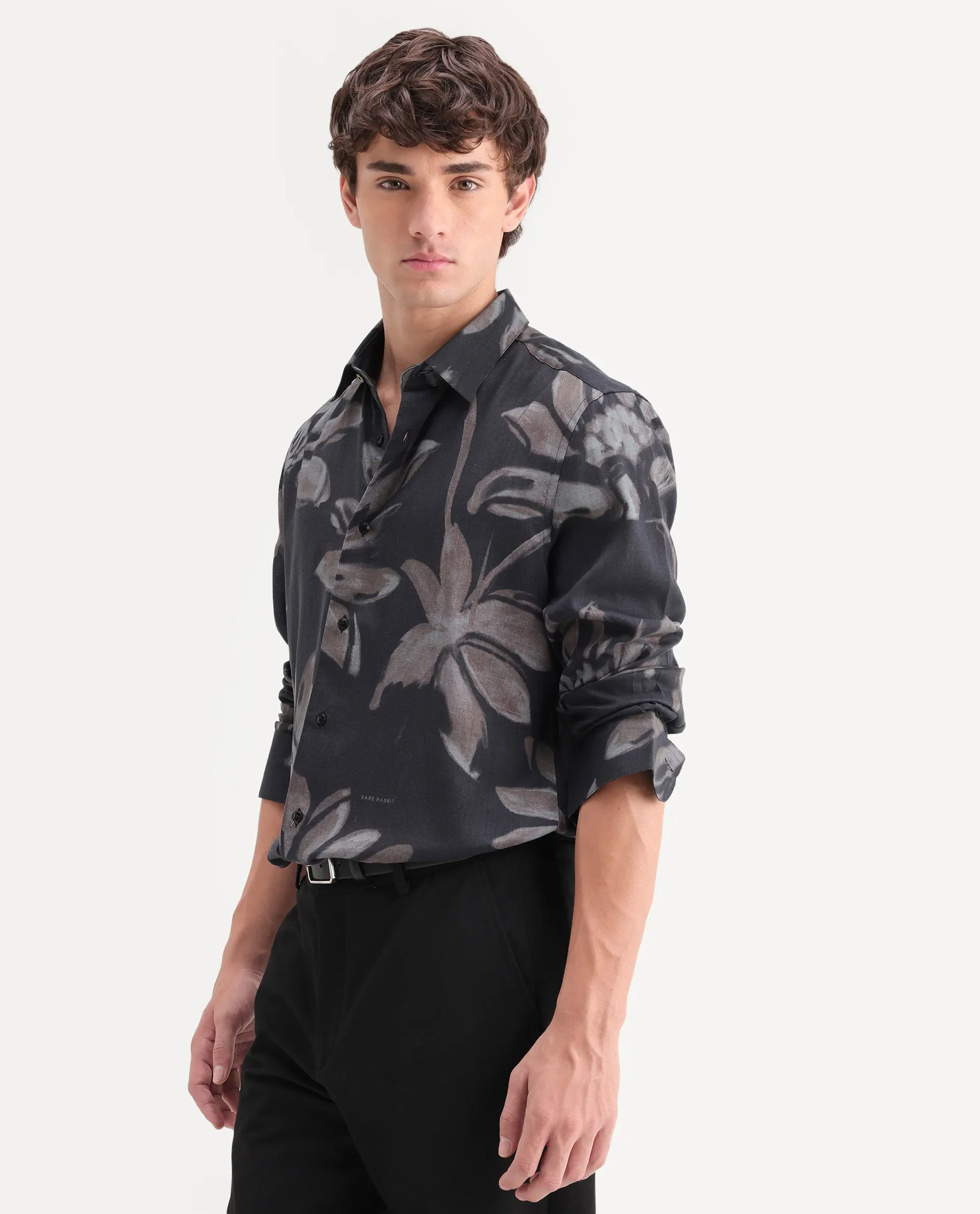 Rare Rabbit Men's Amzo Black Viscose Fabric Full Sleeve Spread Collar Regular Floral Print Shirt - Image 7