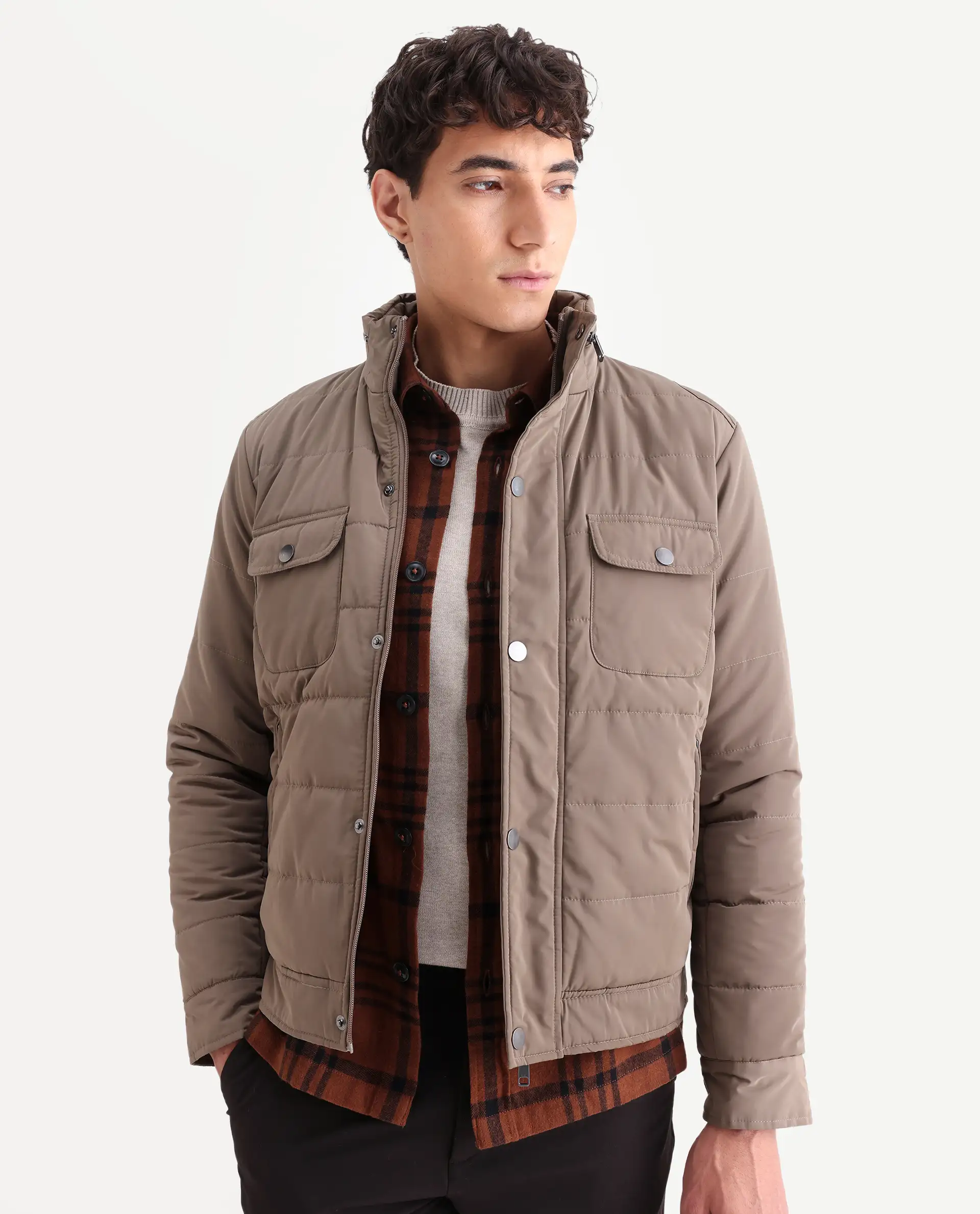 Rare Rabbit Men's Anbr Khaki Polyester Plain Relaxed Fit Full Sleeve Spread Collar Jacket