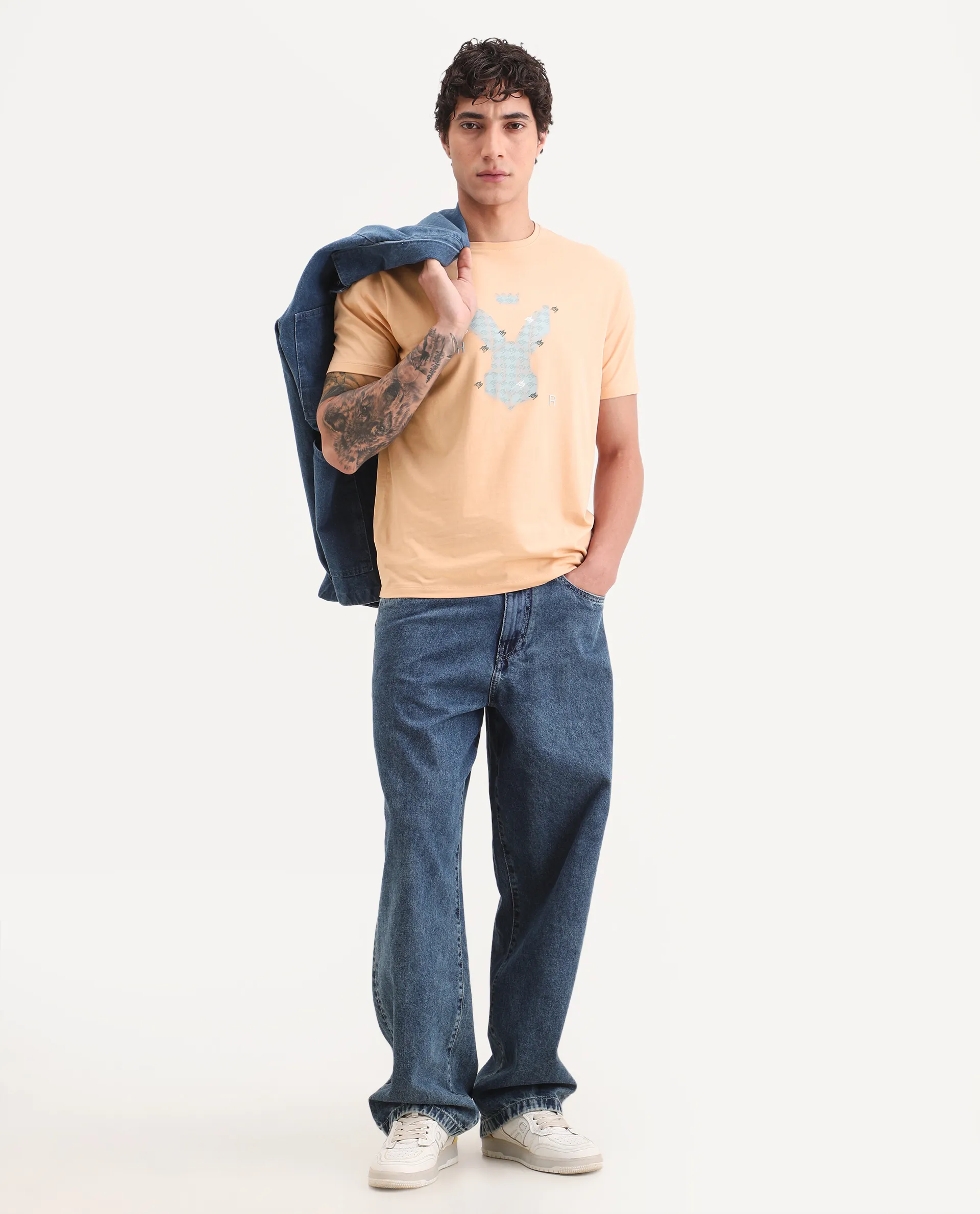 Rare Rabbit Men's Anc Peach Cotton Blend Fabric Half Sleeve Crew Neck Regular Fit Graphic Print T-Shirt - Image 2