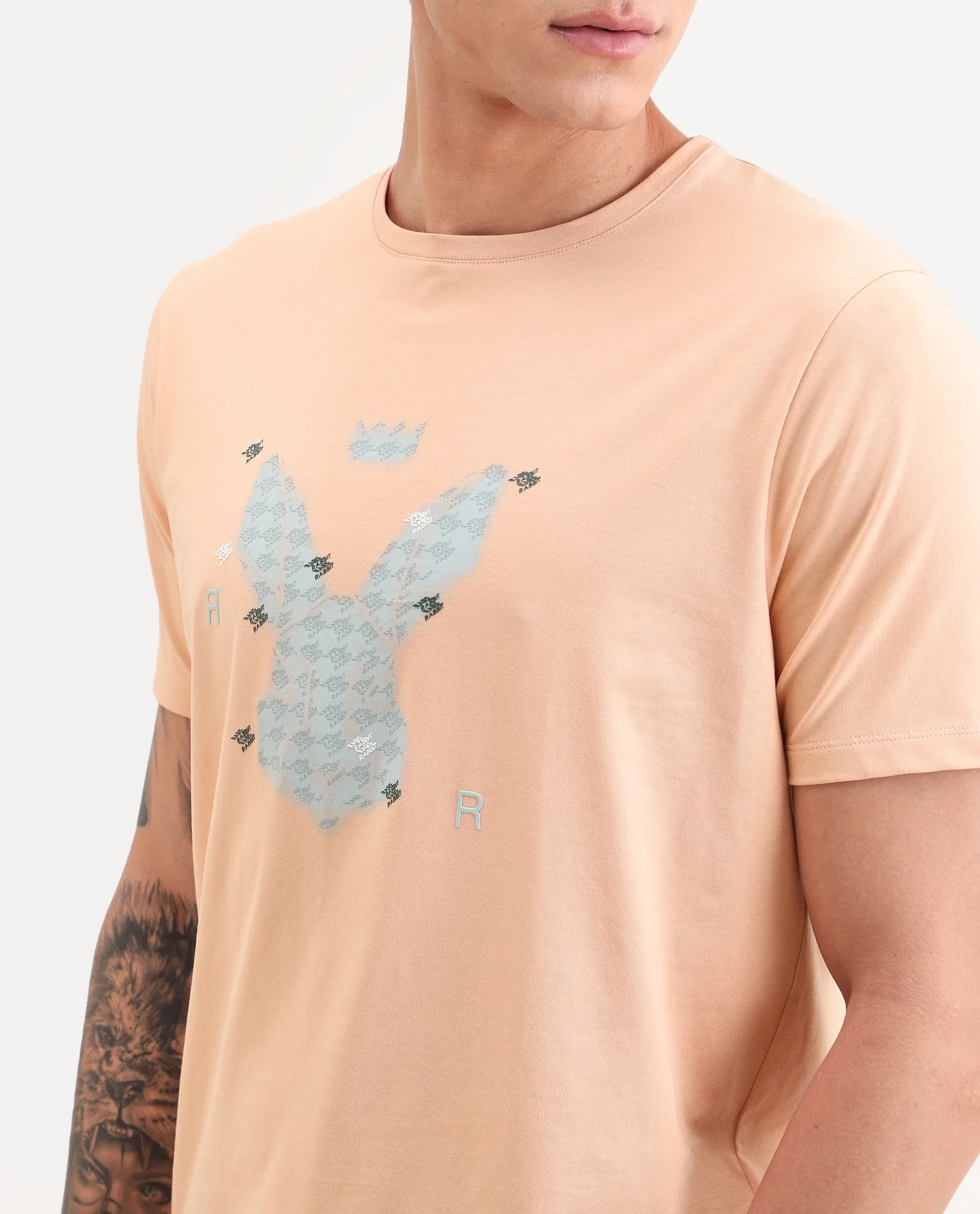 Rare Rabbit Men's Anc Peach Cotton Blend Fabric Half Sleeve Crew Neck Regular Fit Graphic Print T-Shirt - Image 3