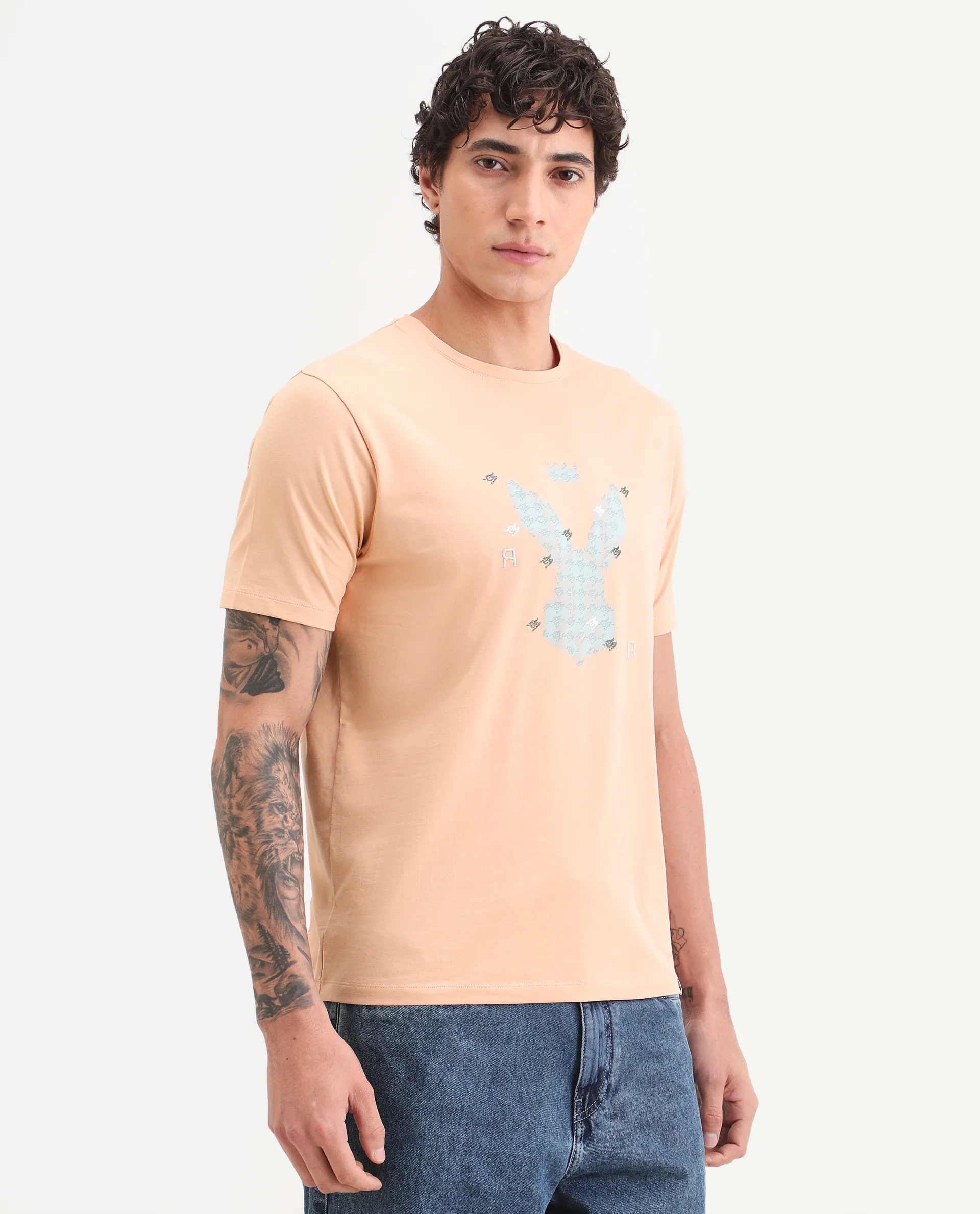 Rare Rabbit Men's Anc Peach Cotton Blend Fabric Half Sleeve Crew Neck Regular Fit Graphic Print T-Shirt - Image 4
