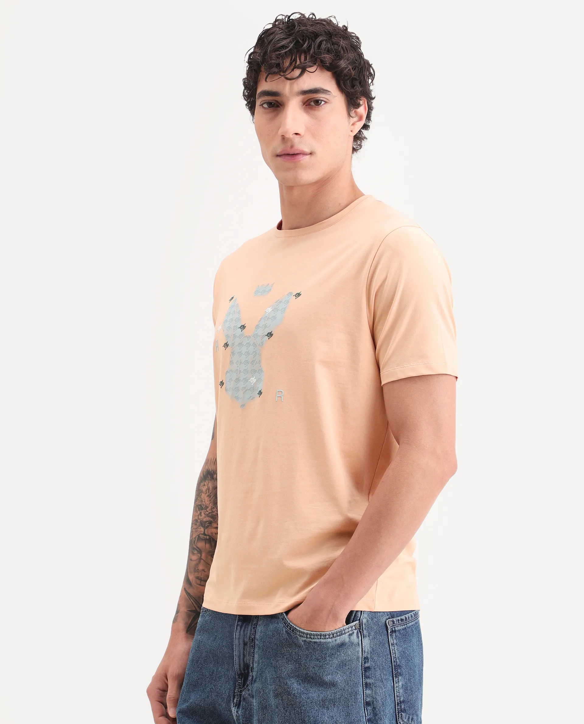 Rare Rabbit Men's Anc Peach Cotton Blend Fabric Half Sleeve Crew Neck Regular Fit Graphic Print T-Shirt - Image 5