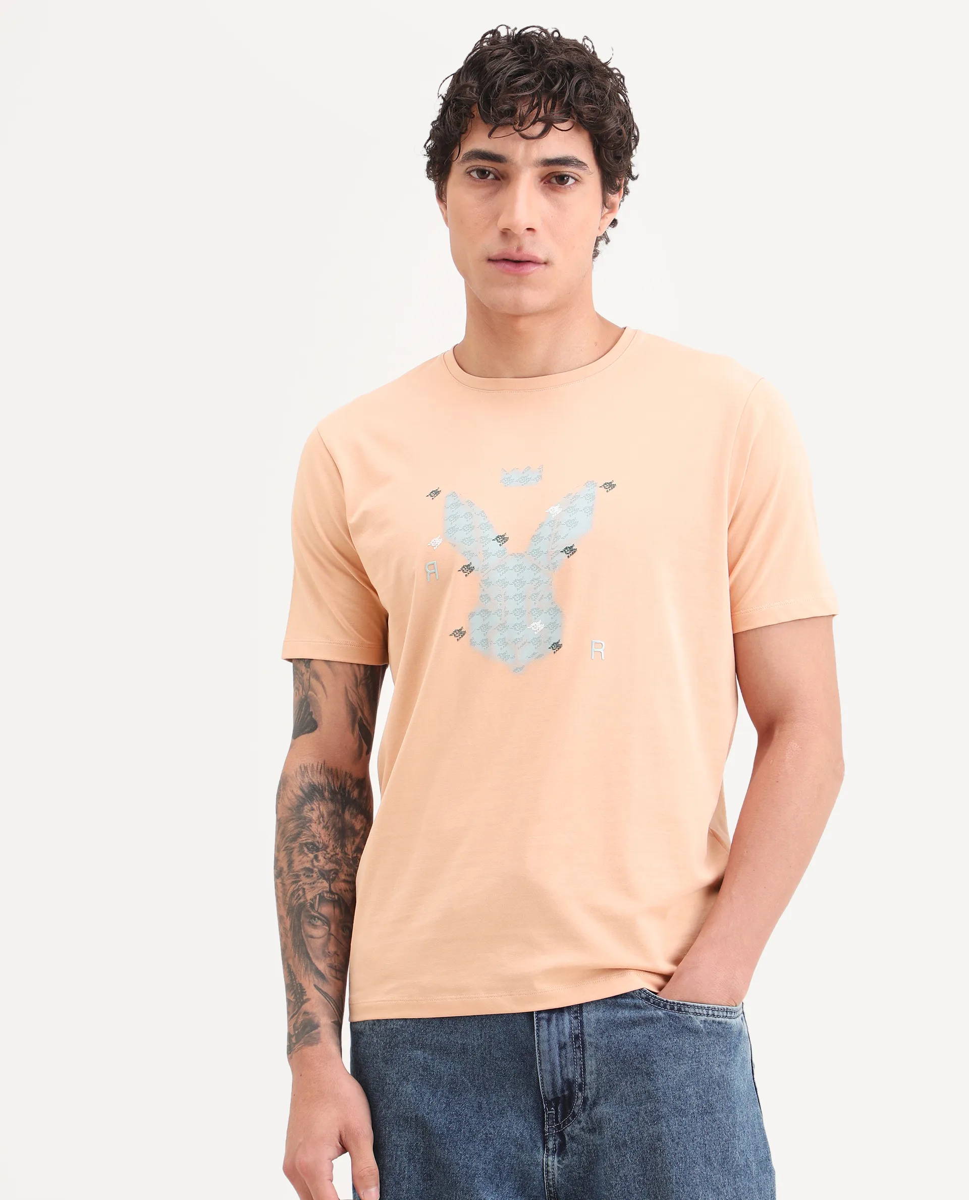 Rare Rabbit Men's Anc Peach Cotton Blend Fabric Half Sleeve Crew Neck Regular Fit Graphic Print T-Shirt - Image 6