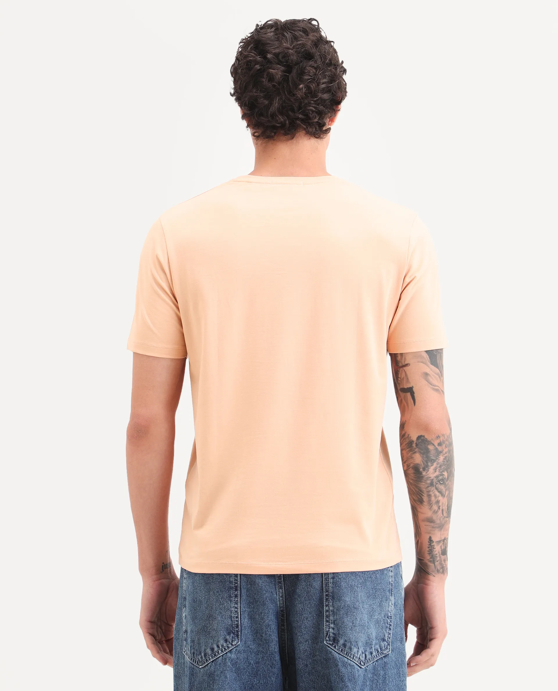 Rare Rabbit Men's Anc Peach Cotton Blend Fabric Half Sleeve Crew Neck Regular Fit Graphic Print T-Shirt - Image 7