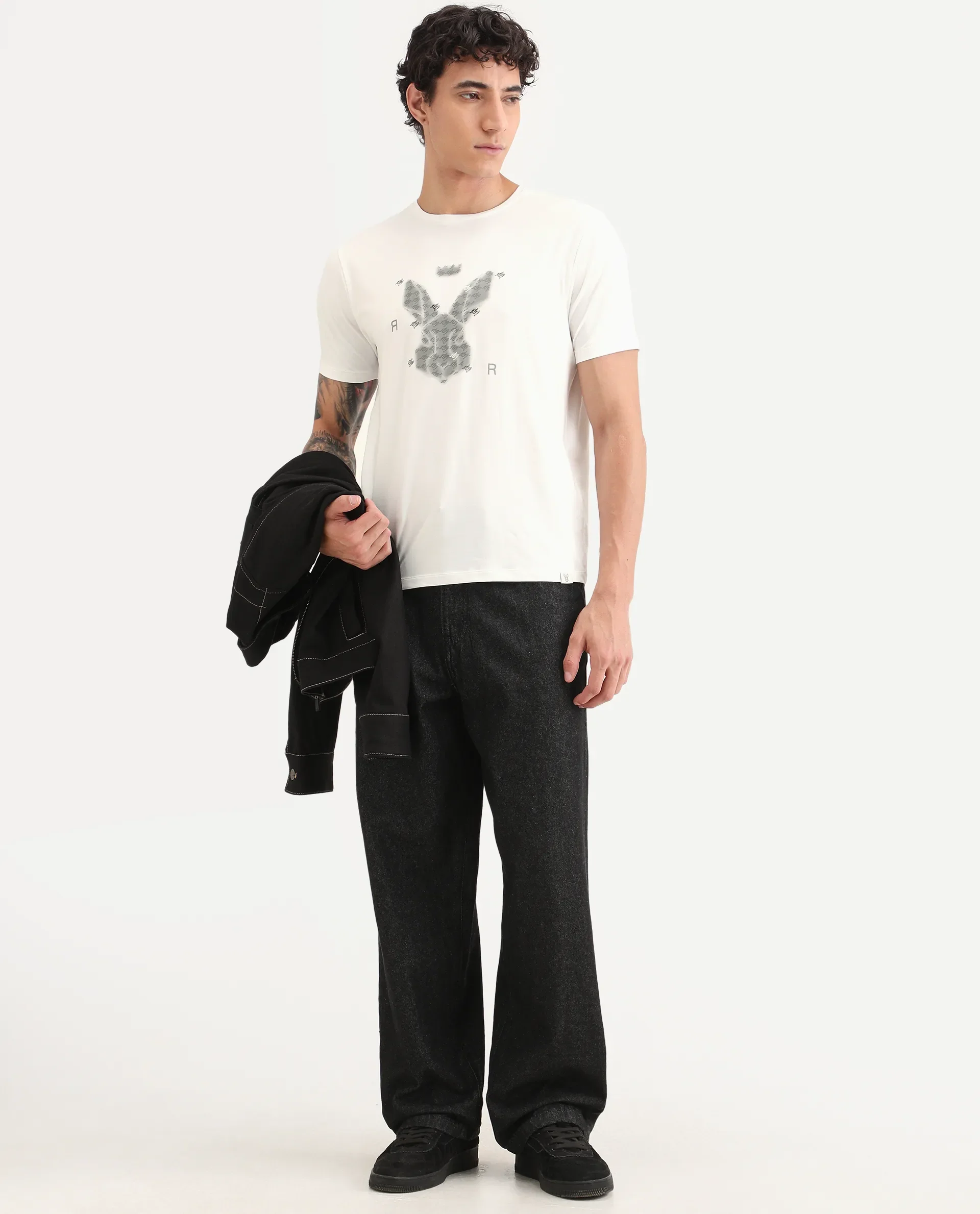 Rare Rabbit Men's Anc White Cotton Blend Fabric Half Sleeve Crew Neck Regular Fit Graphic Print T-Shirt - Image 2