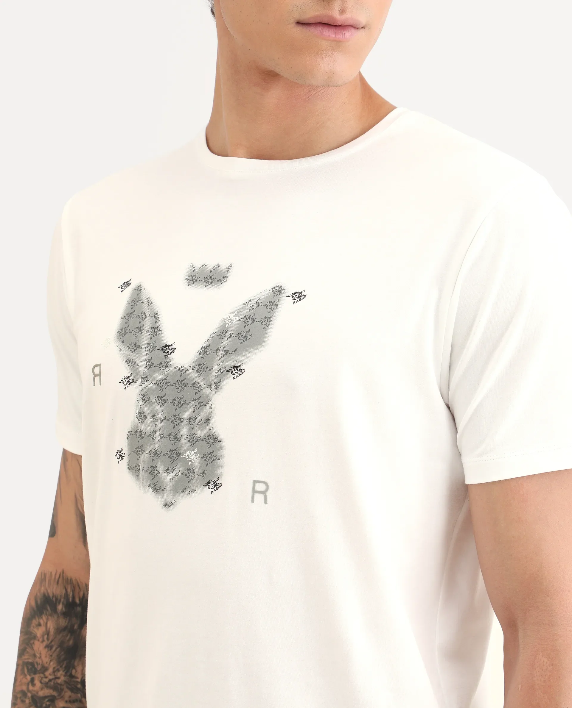 Rare Rabbit Men's Anc White Cotton Blend Fabric Half Sleeve Crew Neck Regular Fit Graphic Print T-Shirt - Image 3