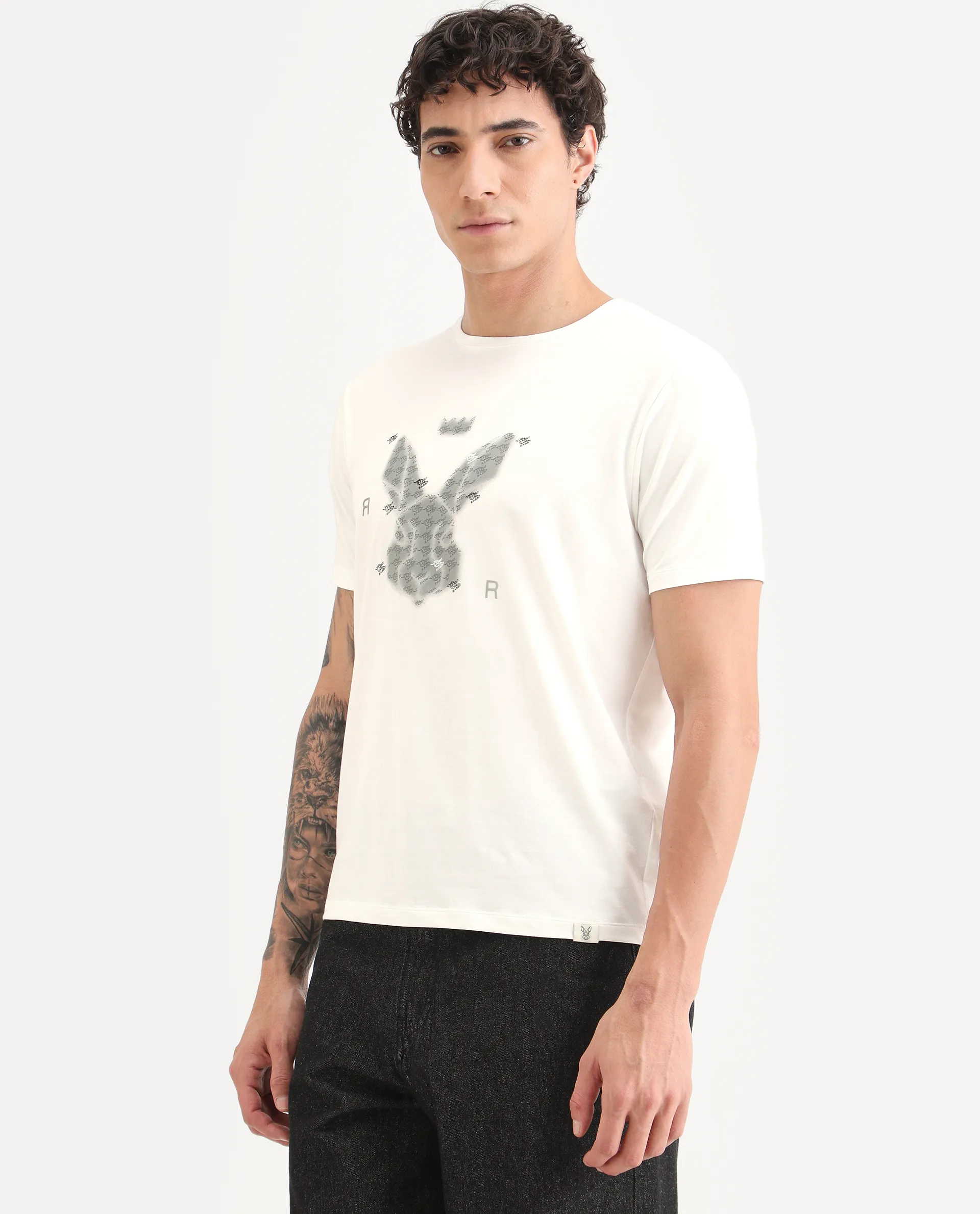 Rare Rabbit Men's Anc White Cotton Blend Fabric Half Sleeve Crew Neck Regular Fit Graphic Print T-Shirt - Image 4