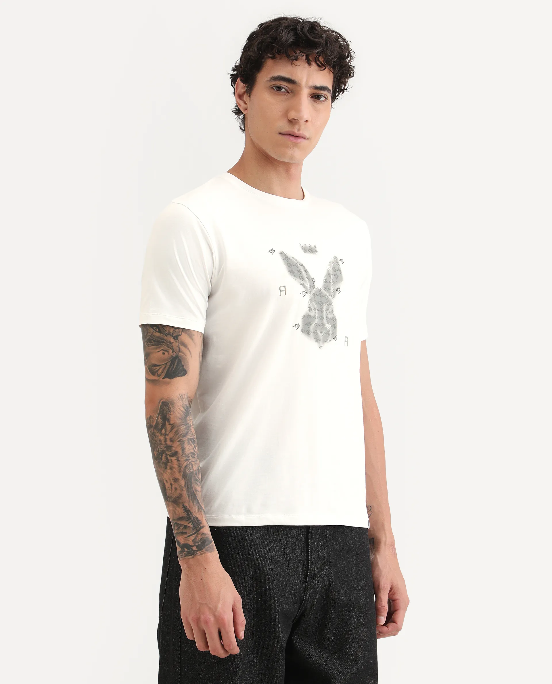 Rare Rabbit Men's Anc White Cotton Blend Fabric Half Sleeve Crew Neck Regular Fit Graphic Print T-Shirt - Image 5
