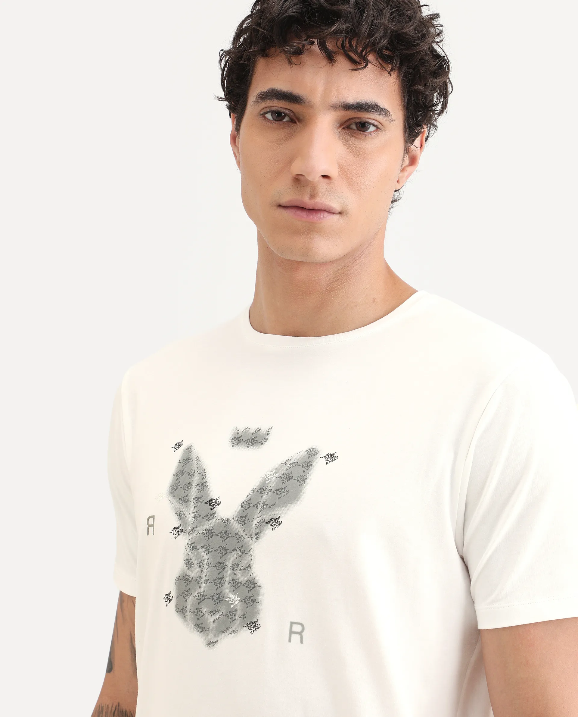 Rare Rabbit Men's Anc White Cotton Blend Fabric Half Sleeve Crew Neck Regular Fit Graphic Print T-Shirt - Image 6