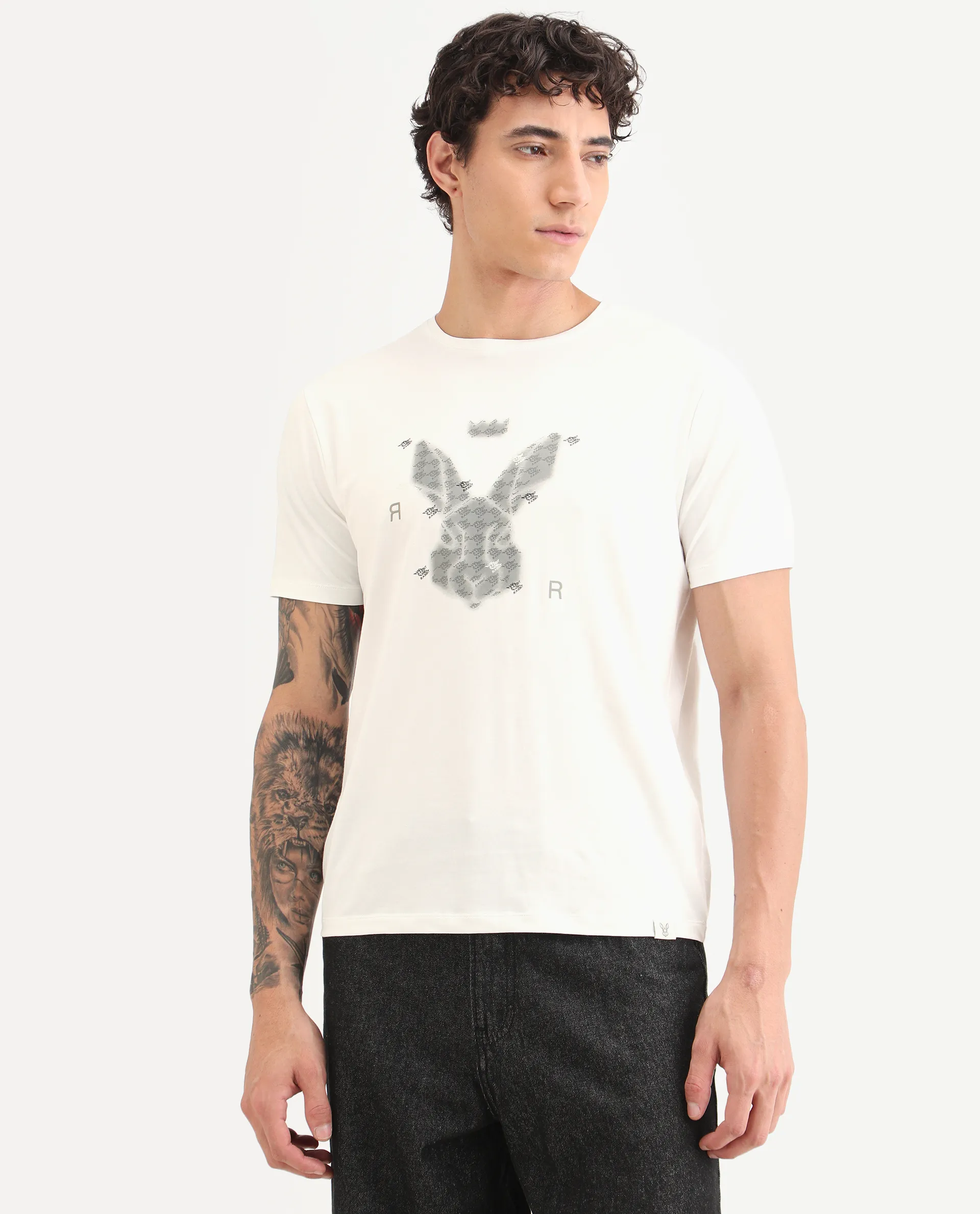 Rare Rabbit Men's Anc White Cotton Blend Fabric Half Sleeve Crew Neck Regular Fit Graphic Print T-Shirt - Image 7