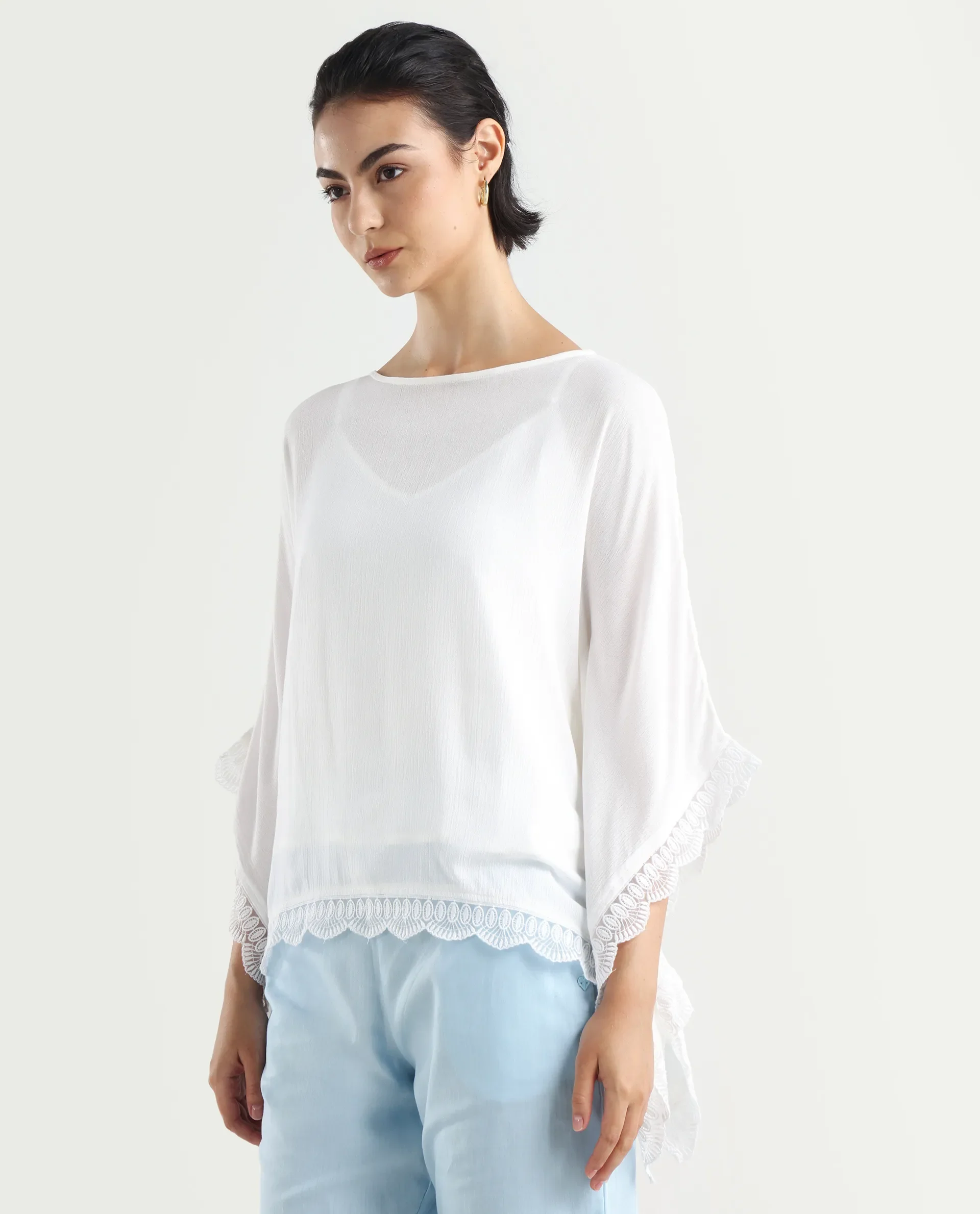 Rareism Women's Ancona White Rayon Boat Neck Plain Kimono Sleeve Relaxed Fit Top - Image 3