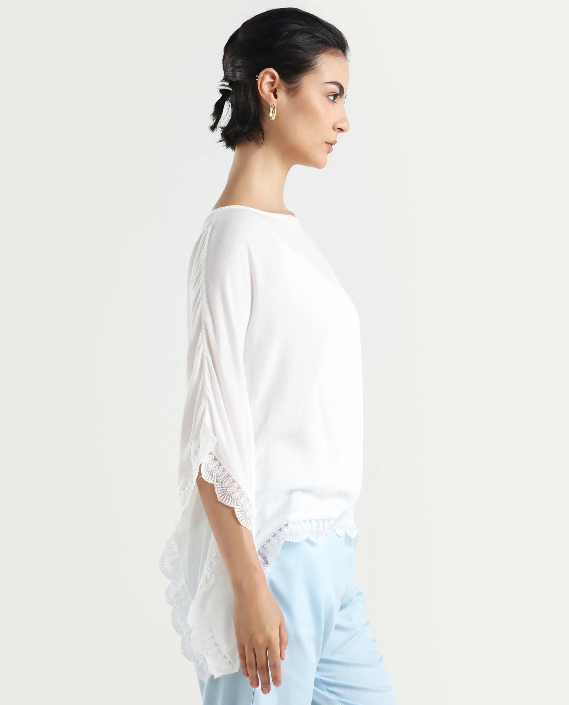 Rareism Women's Ancona White Rayon Boat Neck Plain Kimono Sleeve Relaxed Fit Top - Image 5