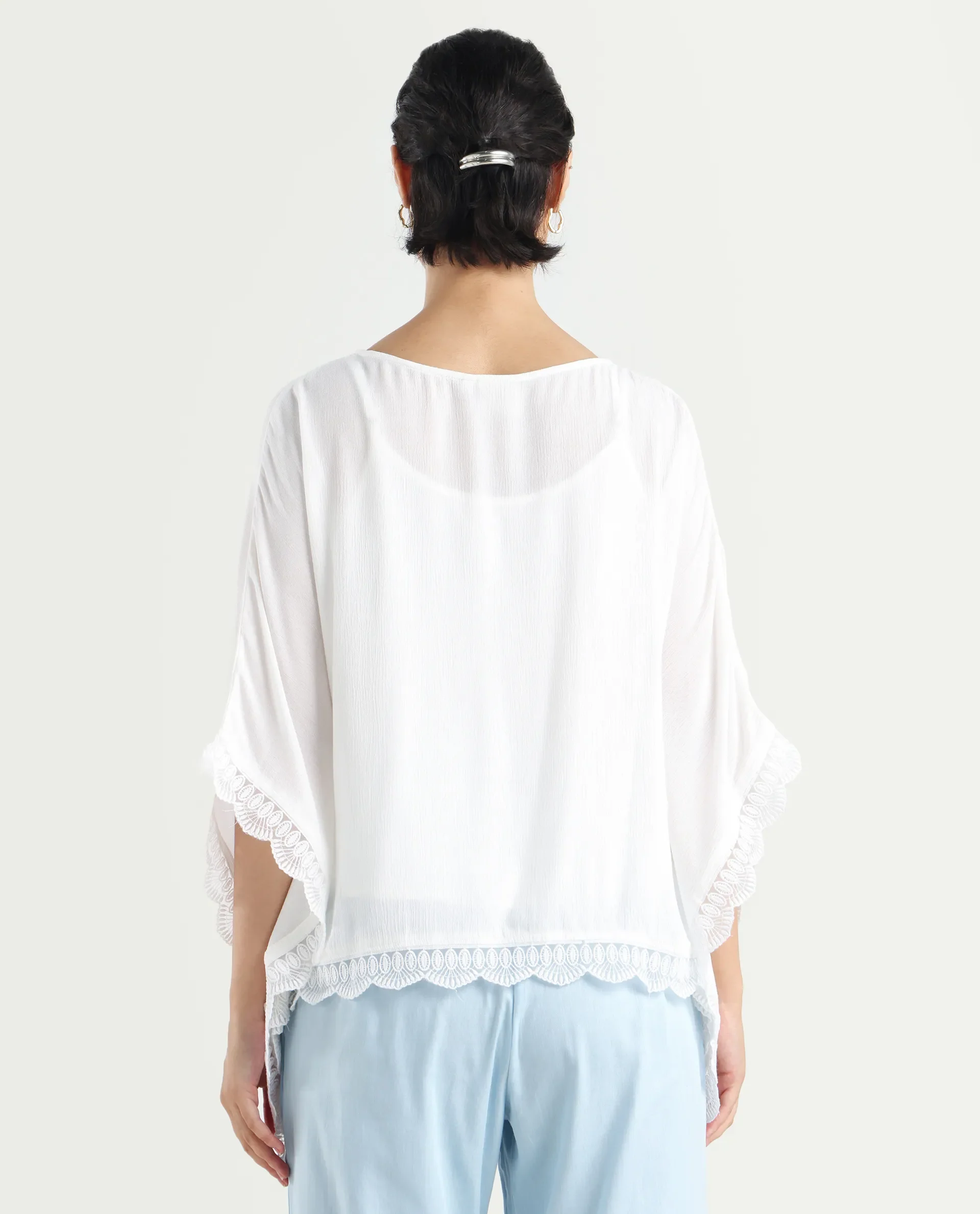 Rareism Women's Ancona White Rayon Boat Neck Plain Kimono Sleeve Relaxed Fit Top - Image 7
