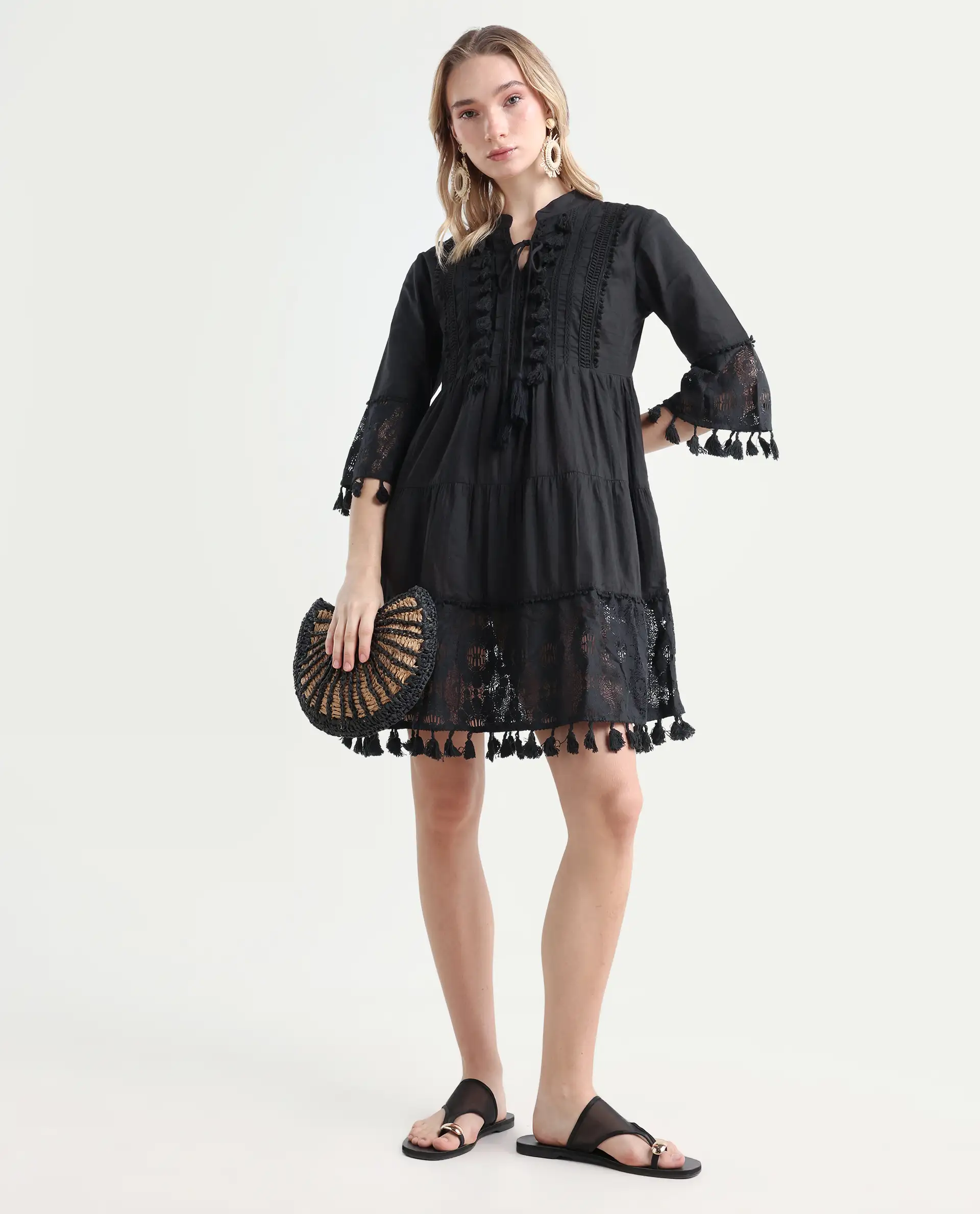 Rareism Women's Andarin Black Cotton Tie-Up Neck Plain Bell Sleeve Knee Length Regular Fit Dress - Image 2