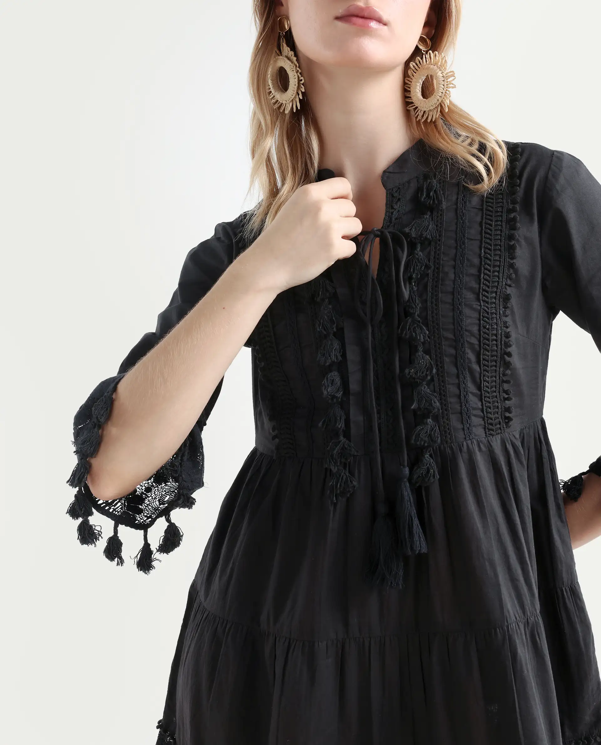 Rareism Women's Andarin Black Cotton Tie-Up Neck Plain Bell Sleeve Knee Length Regular Fit Dress - Image 3