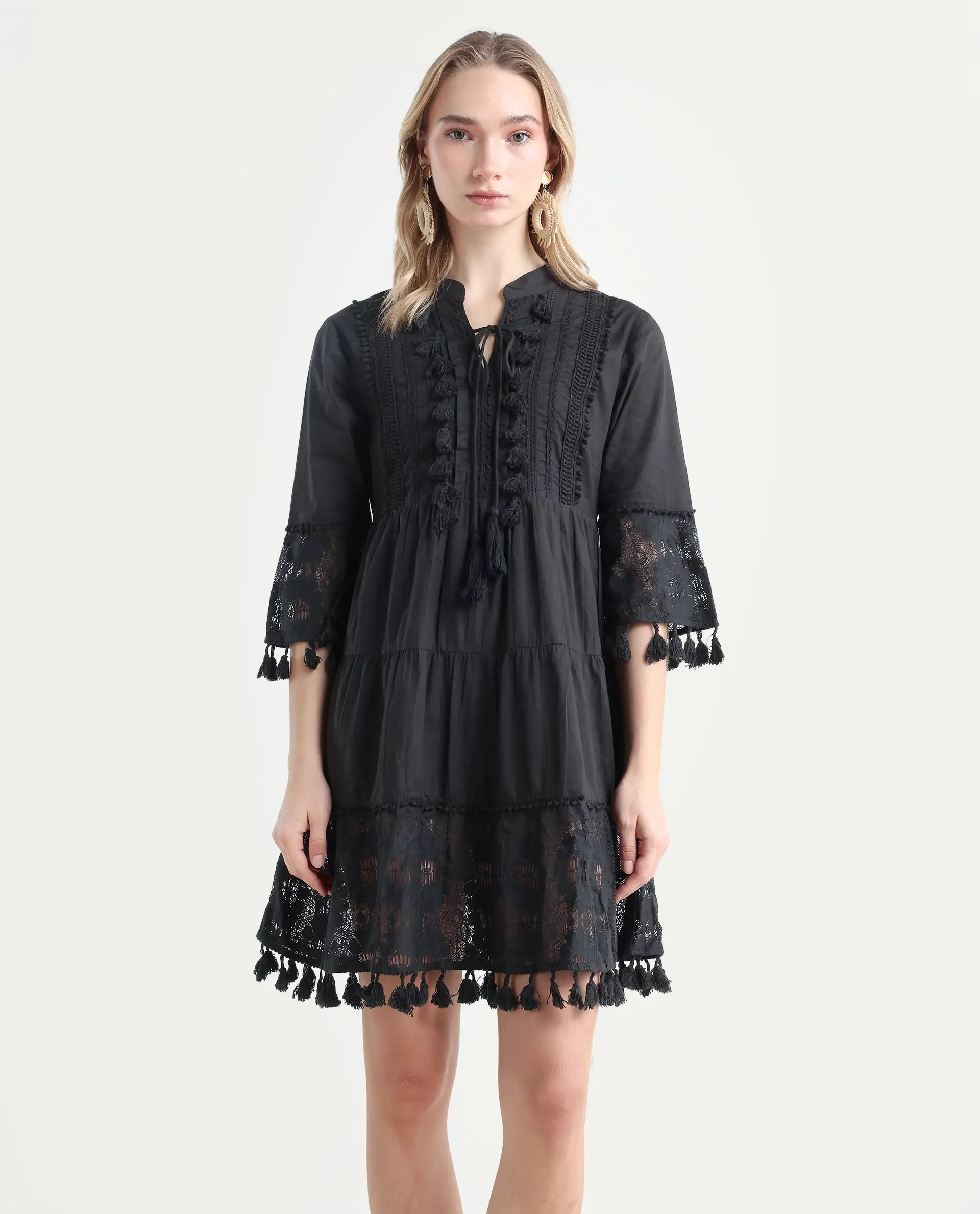 Rareism Women's Andarin Black Cotton Tie-Up Neck Plain Bell Sleeve Knee Length Regular Fit Dress - Image 4
