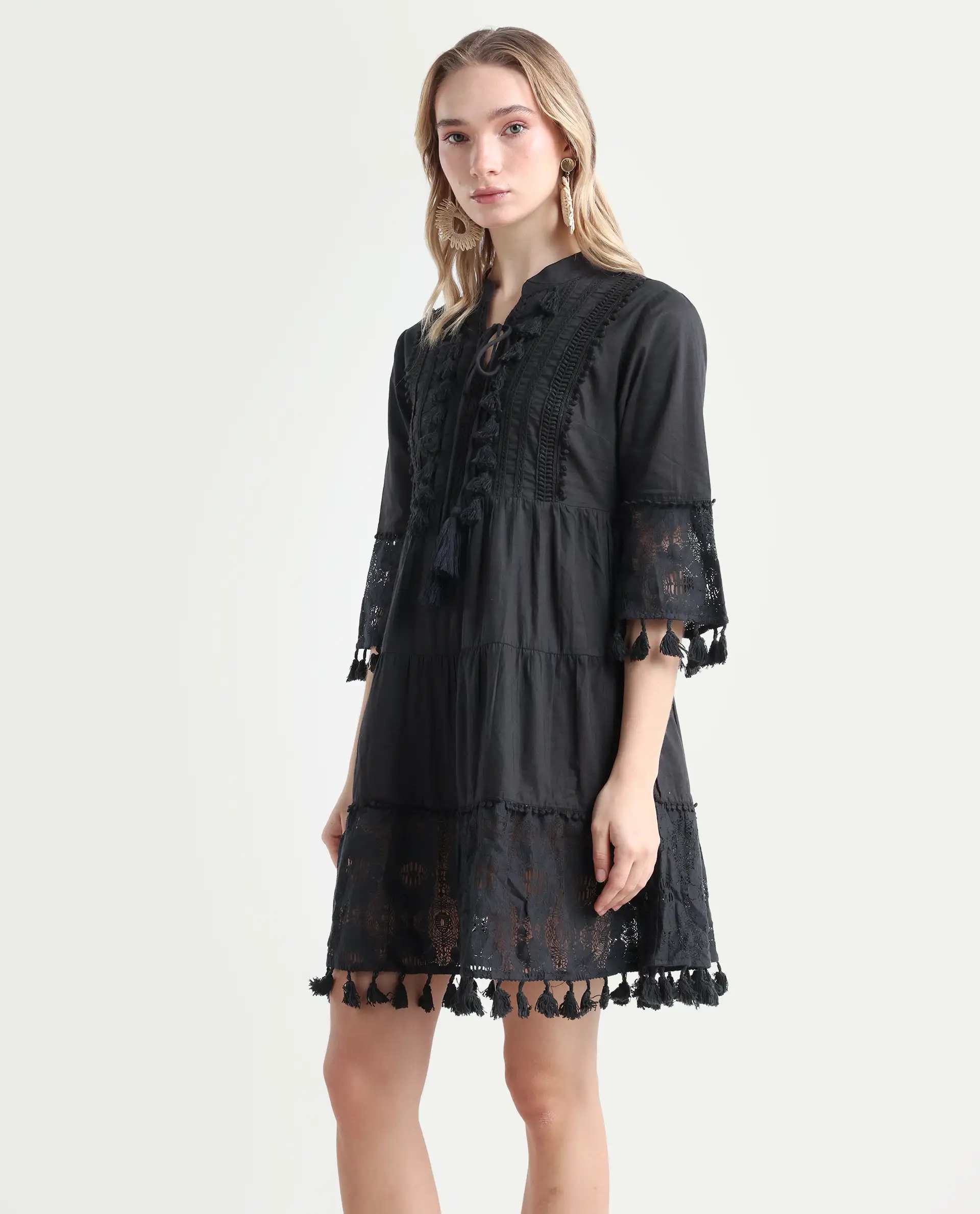 Rareism Women's Andarin Black Cotton Tie-Up Neck Plain Bell Sleeve Knee Length Regular Fit Dress - Image 5