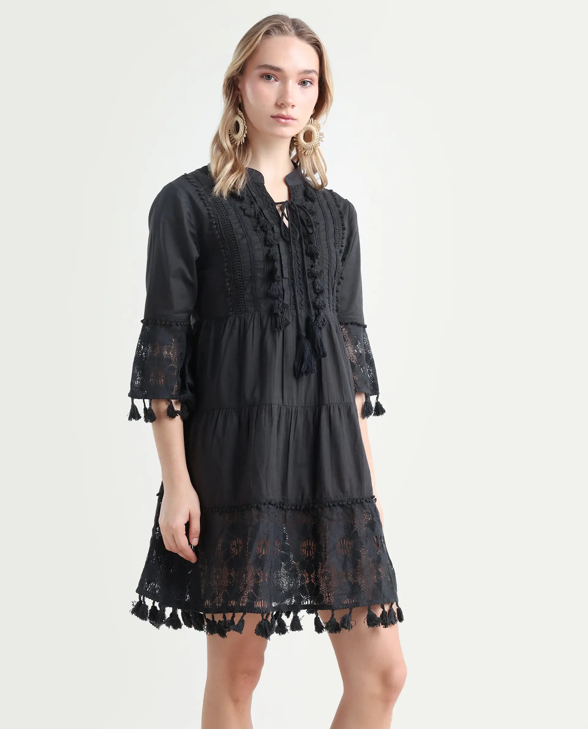 Rareism Women's Andarin Black Cotton Tie-Up Neck Plain Bell Sleeve Knee Length Regular Fit Dress - Image 6