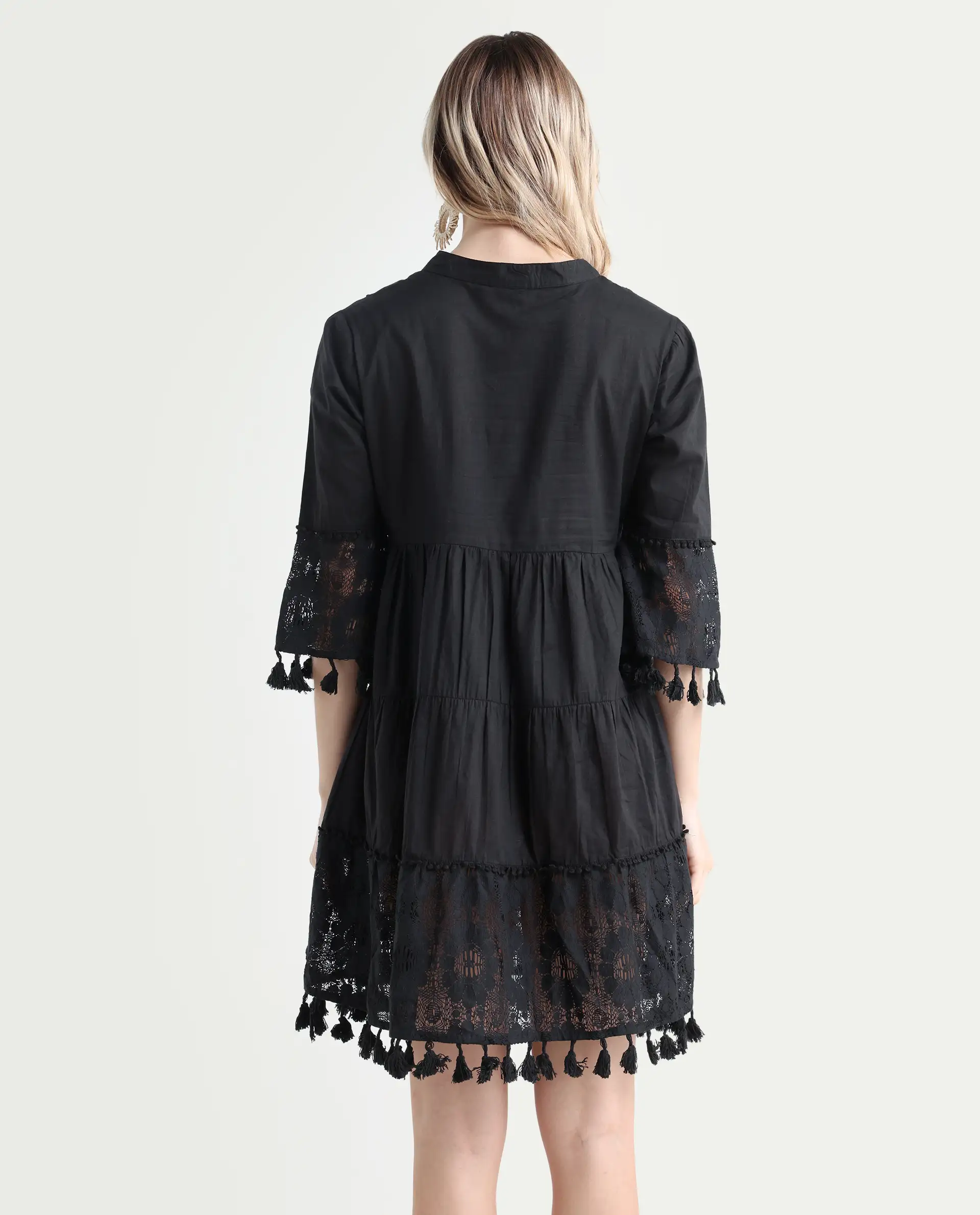 Rareism Women's Andarin Black Cotton Tie-Up Neck Plain Bell Sleeve Knee Length Regular Fit Dress - Image 7