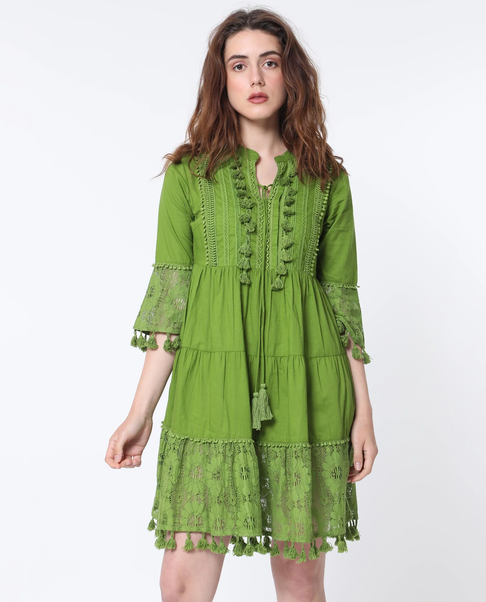Rareism Women's Andarin Flouroscent Green Cotton Tie-Up Neck Plain Bell Sleeve Knee Length Regular Fit Dress