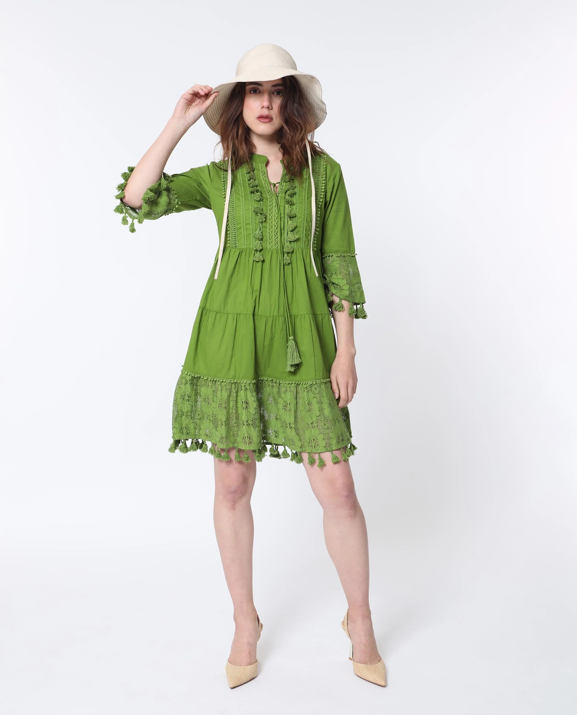 Rareism Women's Andarin Flouroscent Green Cotton Tie-Up Neck Plain Bell Sleeve Knee Length Regular Fit Dress - Image 10