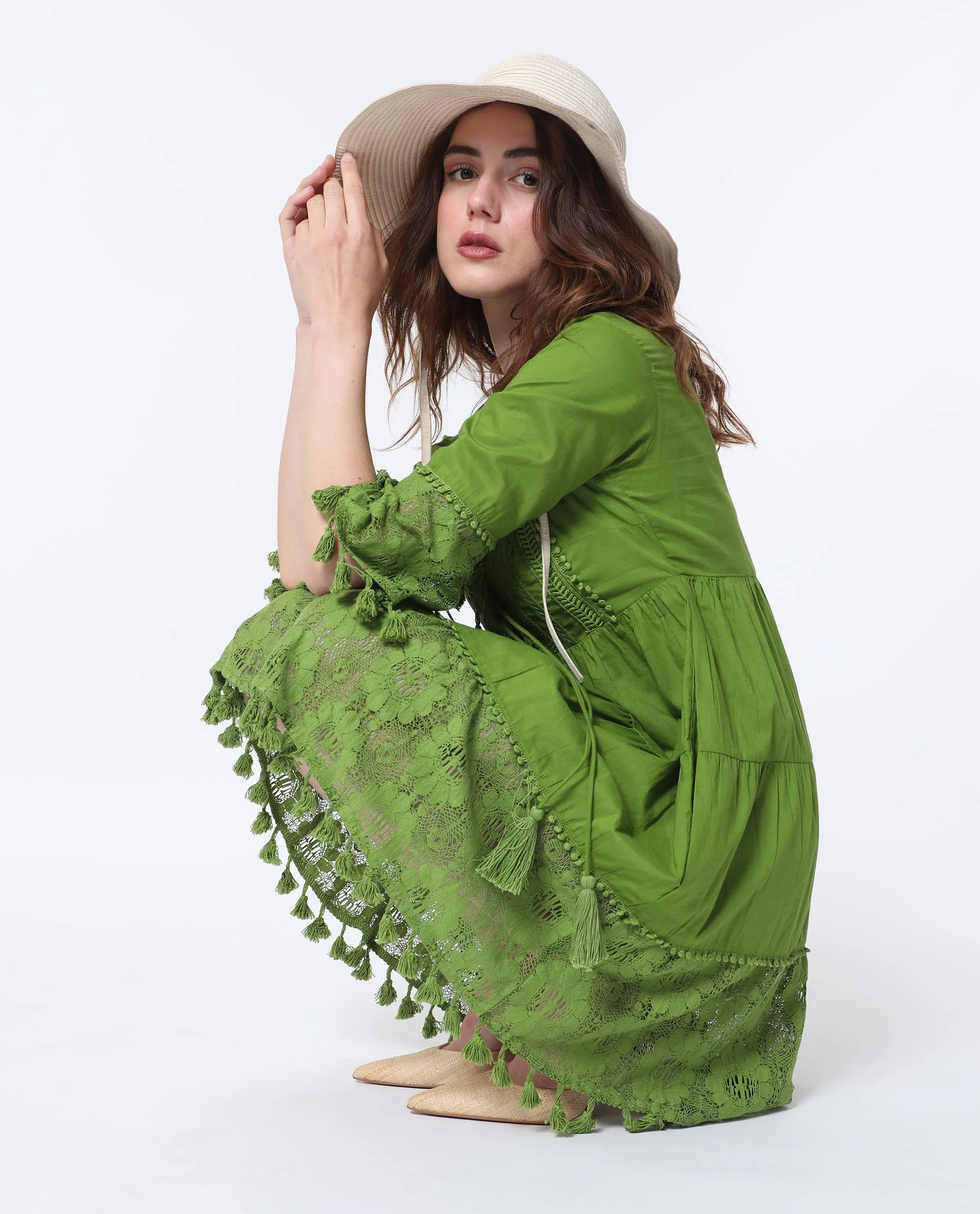 Rareism Women's Andarin Flouroscent Green Cotton Tie-Up Neck Plain Bell Sleeve Knee Length Regular Fit Dress - Image 11