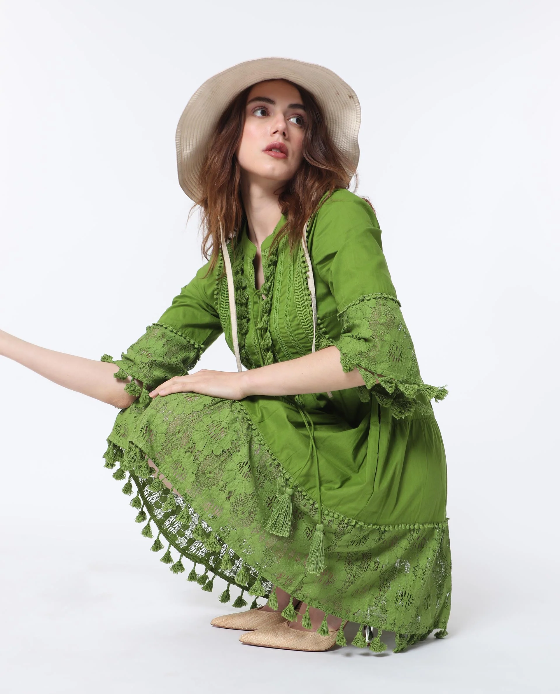 Rareism Women's Andarin Flouroscent Green Cotton Tie-Up Neck Plain Bell Sleeve Knee Length Regular Fit Dress - Image 12