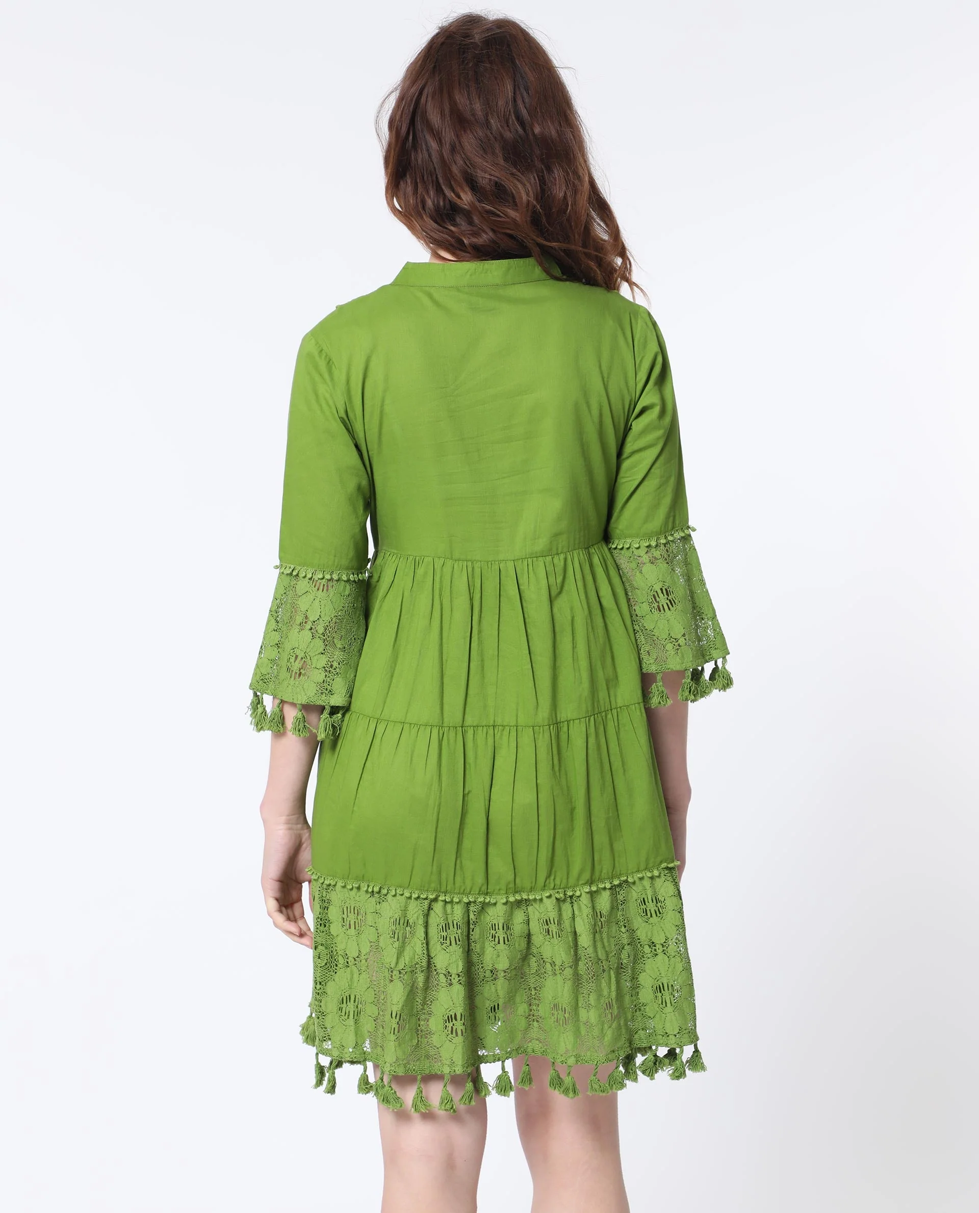 Rareism Women's Andarin Flouroscent Green Cotton Tie-Up Neck Plain Bell Sleeve Knee Length Regular Fit Dress - Image 13