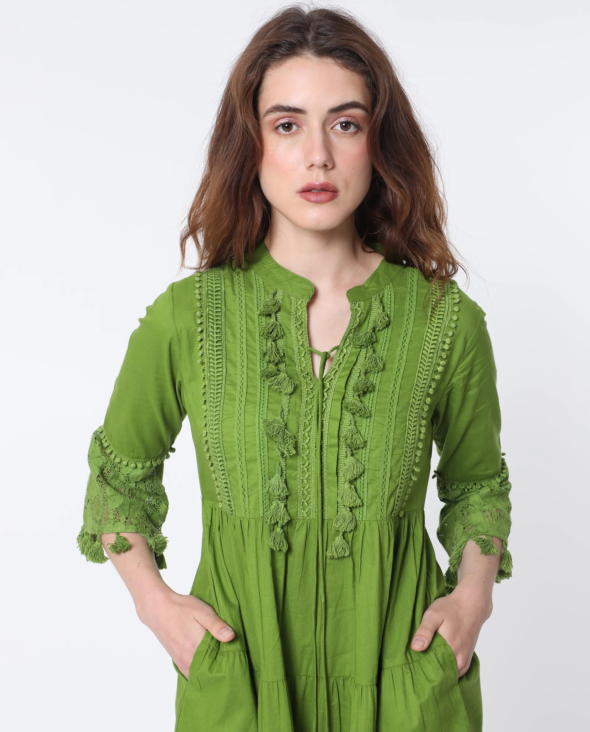 Rareism Women's Andarin Flouroscent Green Cotton Tie-Up Neck Plain Bell Sleeve Knee Length Regular Fit Dress - Image 2