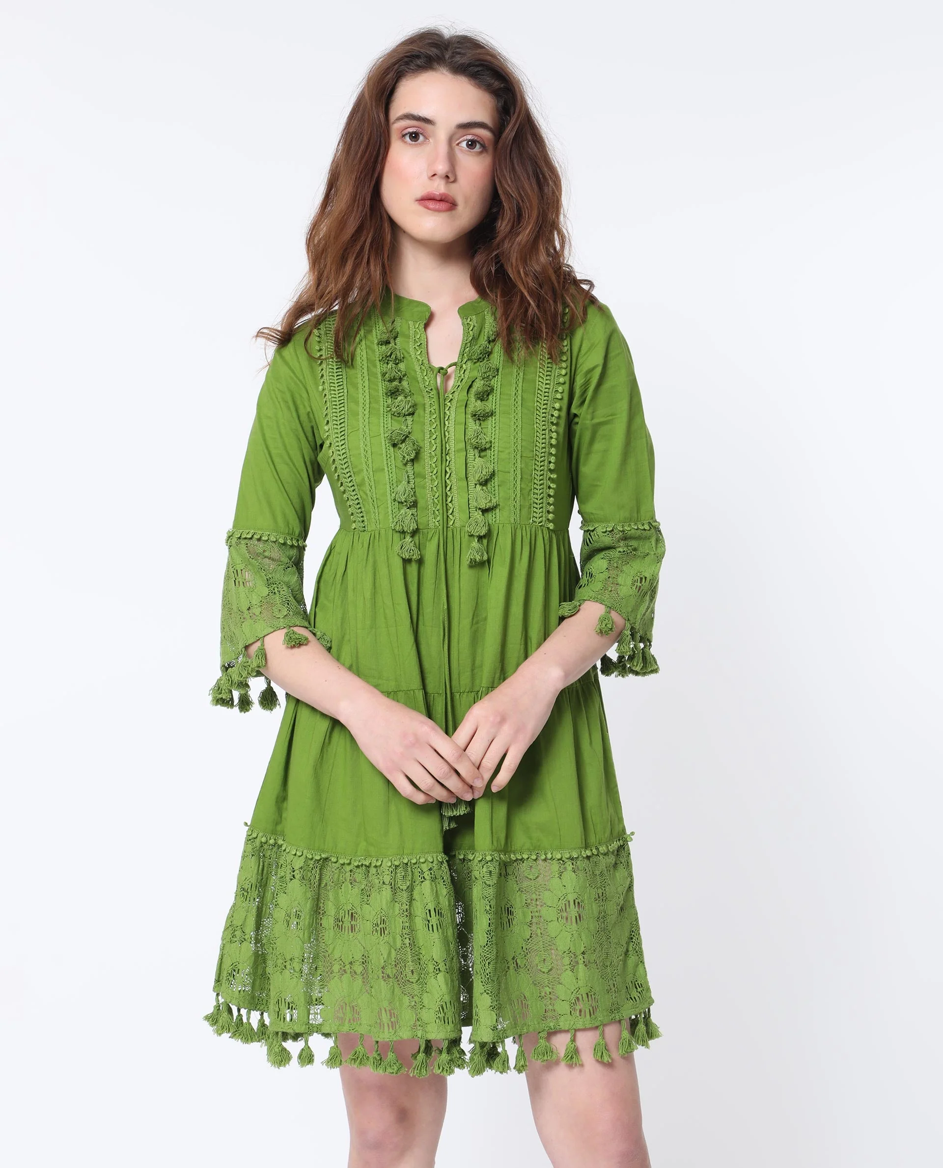 Rareism Women's Andarin Flouroscent Green Cotton Tie-Up Neck Plain Bell Sleeve Knee Length Regular Fit Dress - Image 3