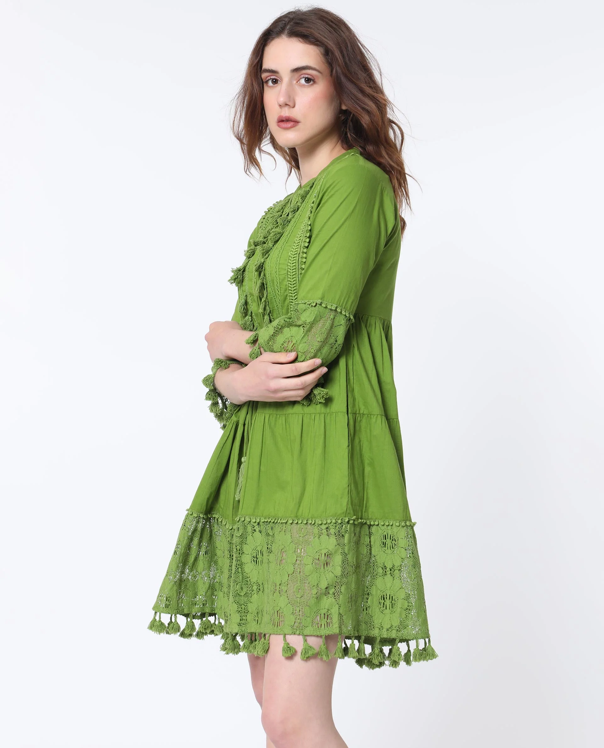 Rareism Women's Andarin Flouroscent Green Cotton Tie-Up Neck Plain Bell Sleeve Knee Length Regular Fit Dress - Image 4