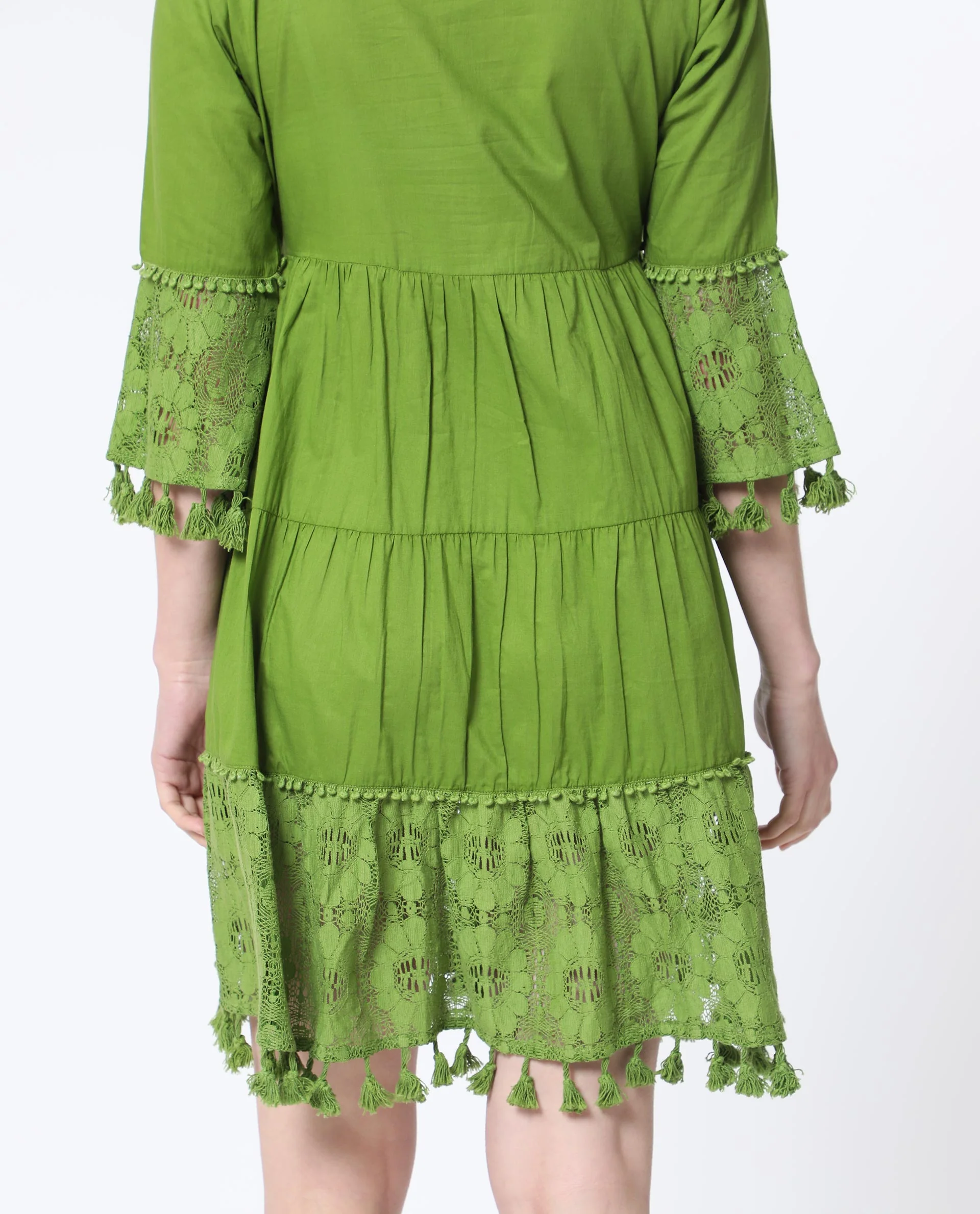 Rareism Women's Andarin Flouroscent Green Cotton Tie-Up Neck Plain Bell Sleeve Knee Length Regular Fit Dress - Image 5