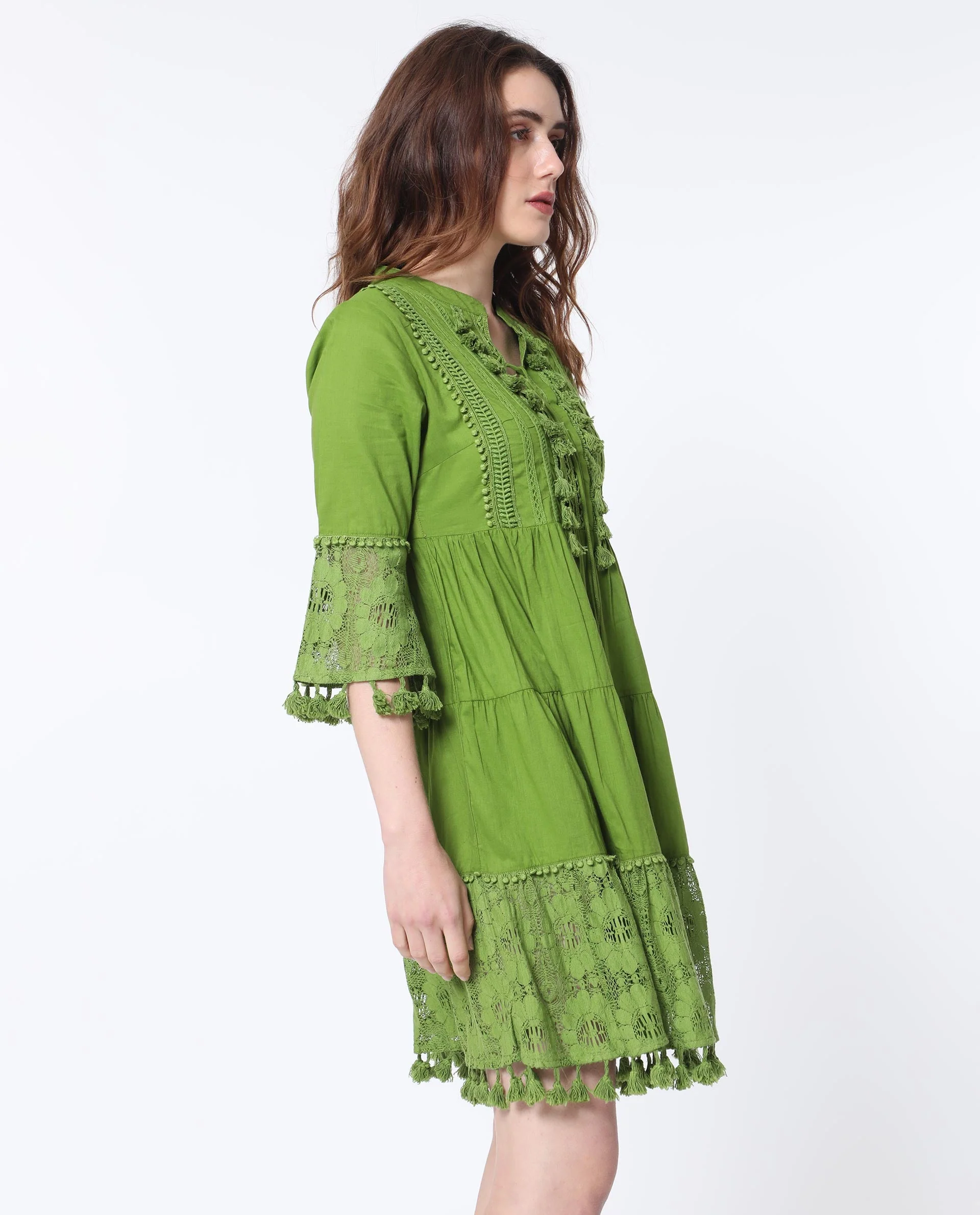 Rareism Women's Andarin Flouroscent Green Cotton Tie-Up Neck Plain Bell Sleeve Knee Length Regular Fit Dress - Image 6