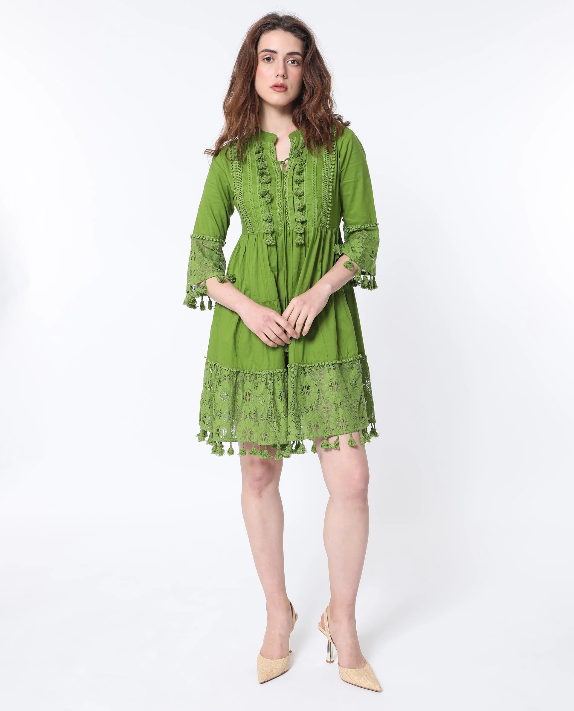 Rareism Women's Andarin Flouroscent Green Cotton Tie-Up Neck Plain Bell Sleeve Knee Length Regular Fit Dress - Image 7