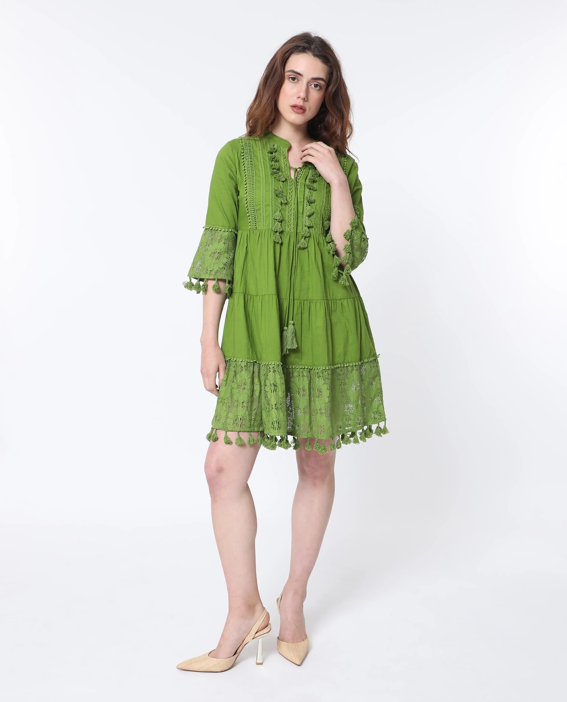 Rareism Women's Andarin Flouroscent Green Cotton Tie-Up Neck Plain Bell Sleeve Knee Length Regular Fit Dress - Image 8