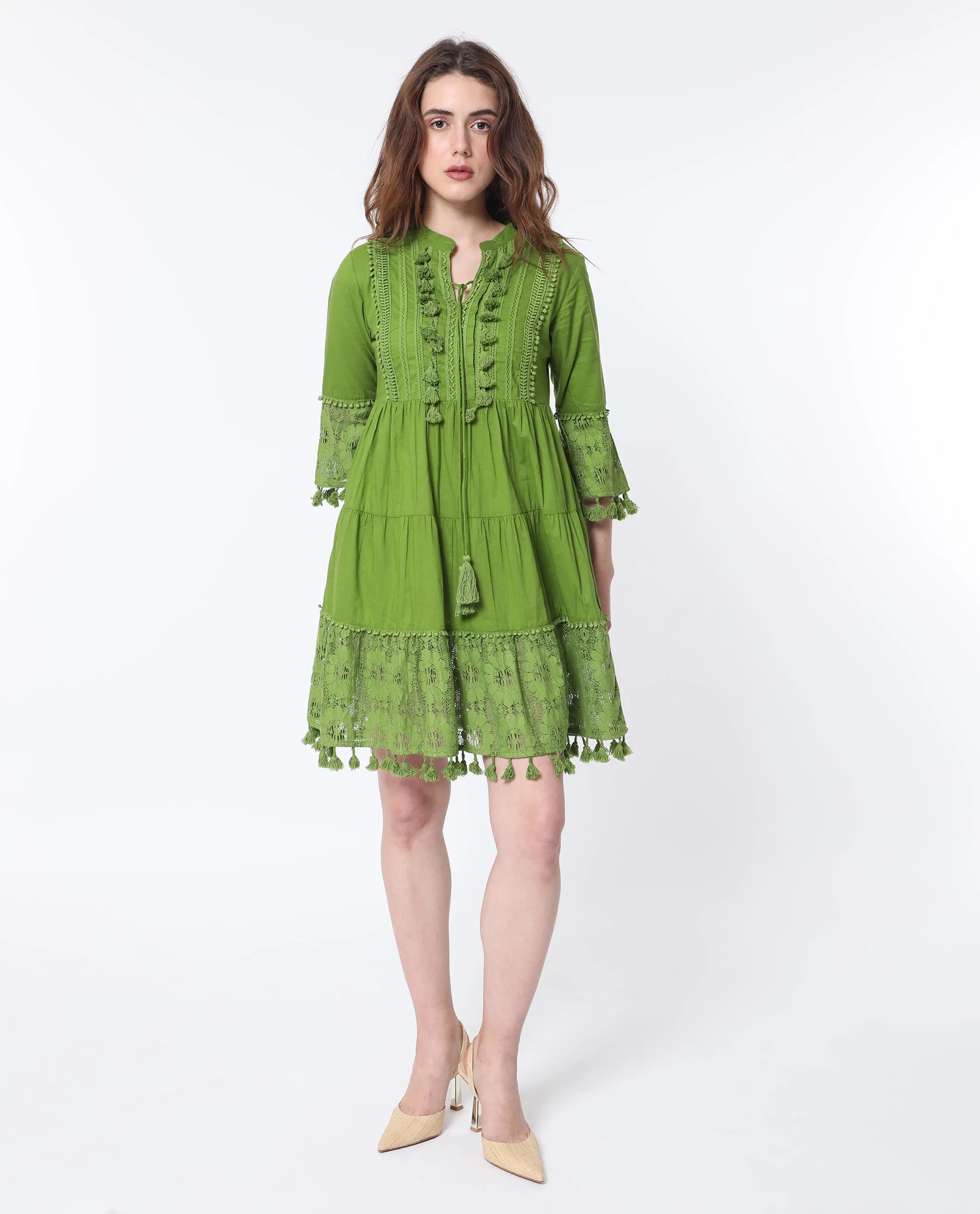 Rareism Women's Andarin Flouroscent Green Cotton Tie-Up Neck Plain Bell Sleeve Knee Length Regular Fit Dress - Image 9