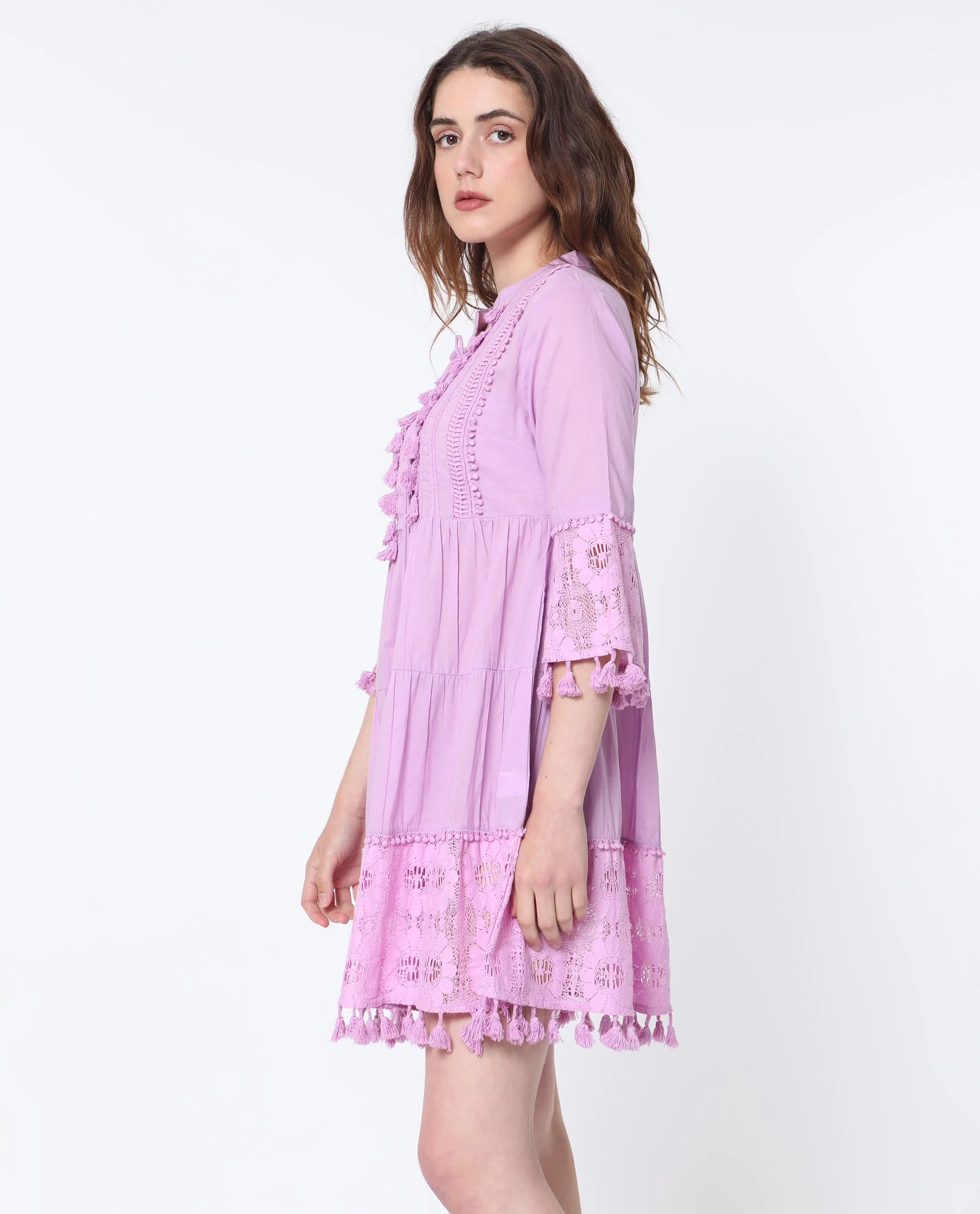 Rareism Women's Andarin Light Purple Cotton Tie-Up Neck Plain Bell Sleeve Knee Length Regular Fit Dress - Image 11