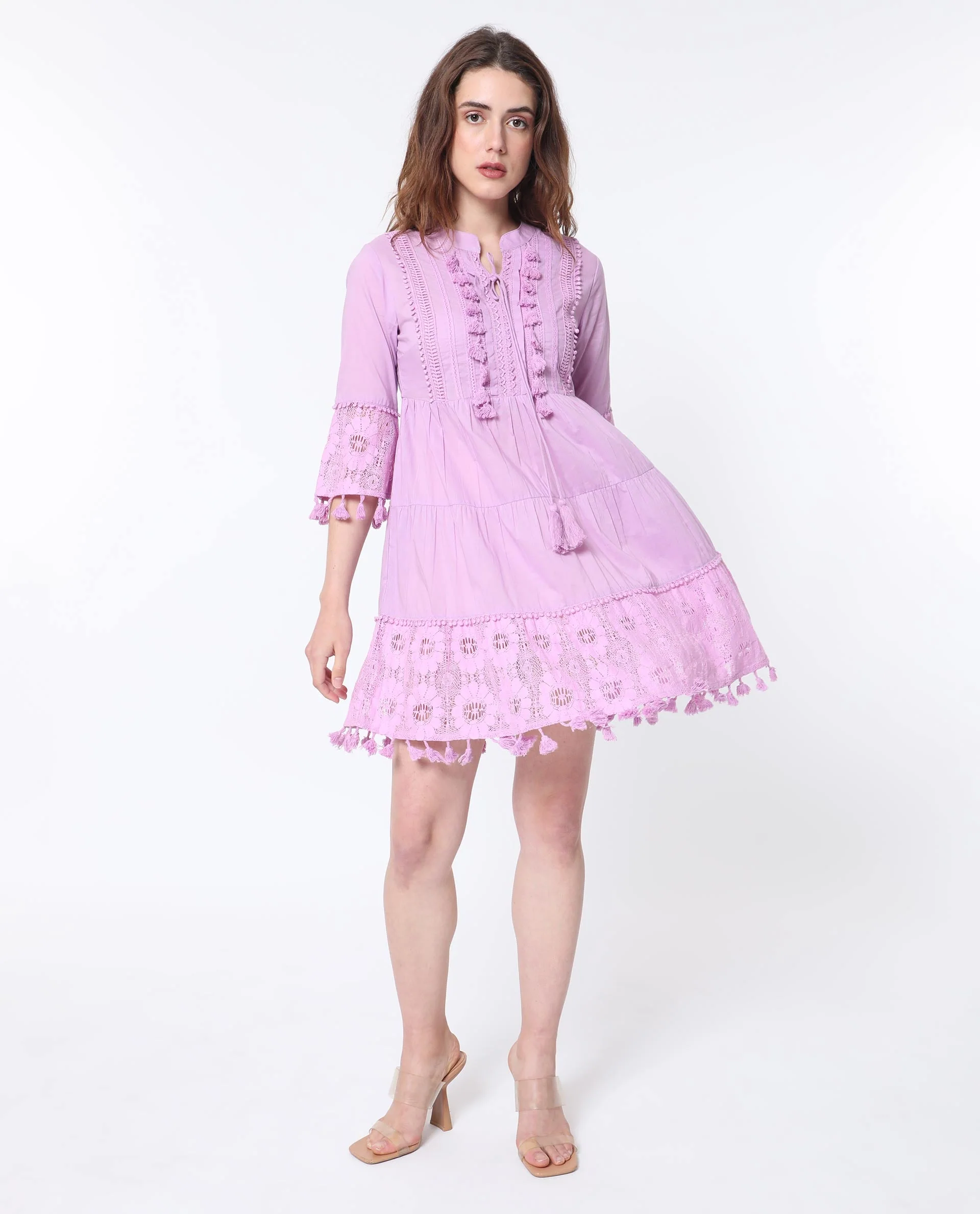 Rareism Women's Andarin Light Purple Cotton Tie-Up Neck Plain Bell Sleeve Knee Length Regular Fit Dress - Image 12