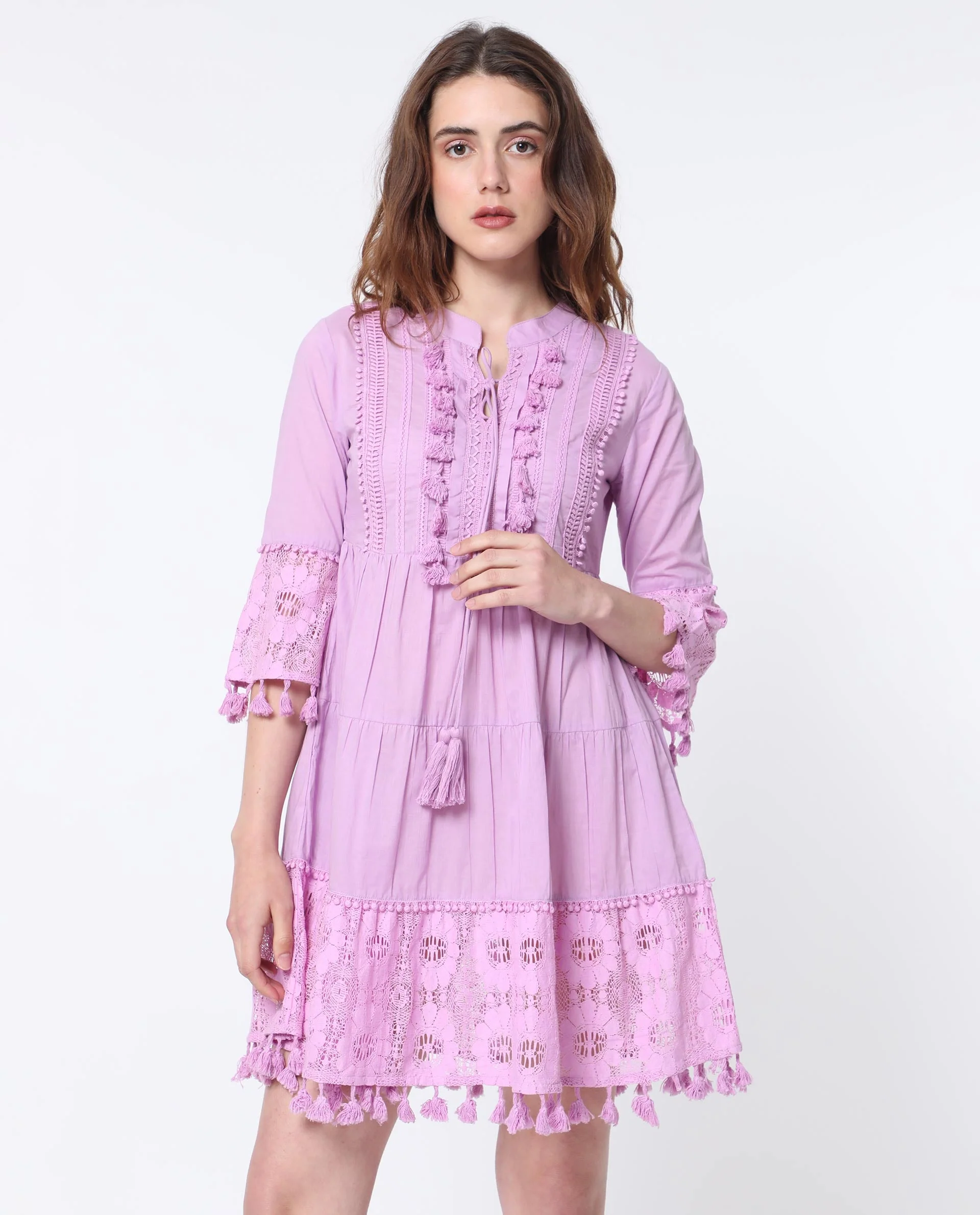 Rareism Women's Andarin Light Purple Cotton Tie-Up Neck Plain Bell Sleeve Knee Length Regular Fit Dress - Image 13