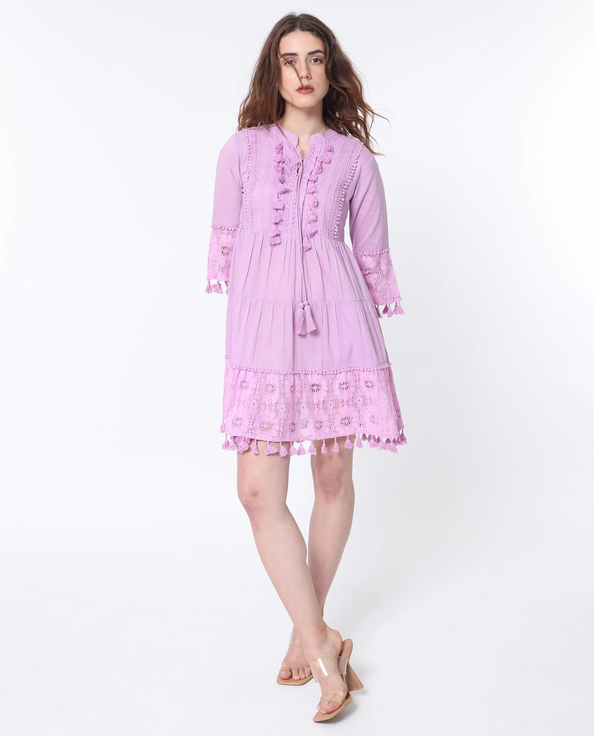 Rareism Women's Andarin Light Purple Cotton Tie-Up Neck Plain Bell Sleeve Knee Length Regular Fit Dress - Image 2