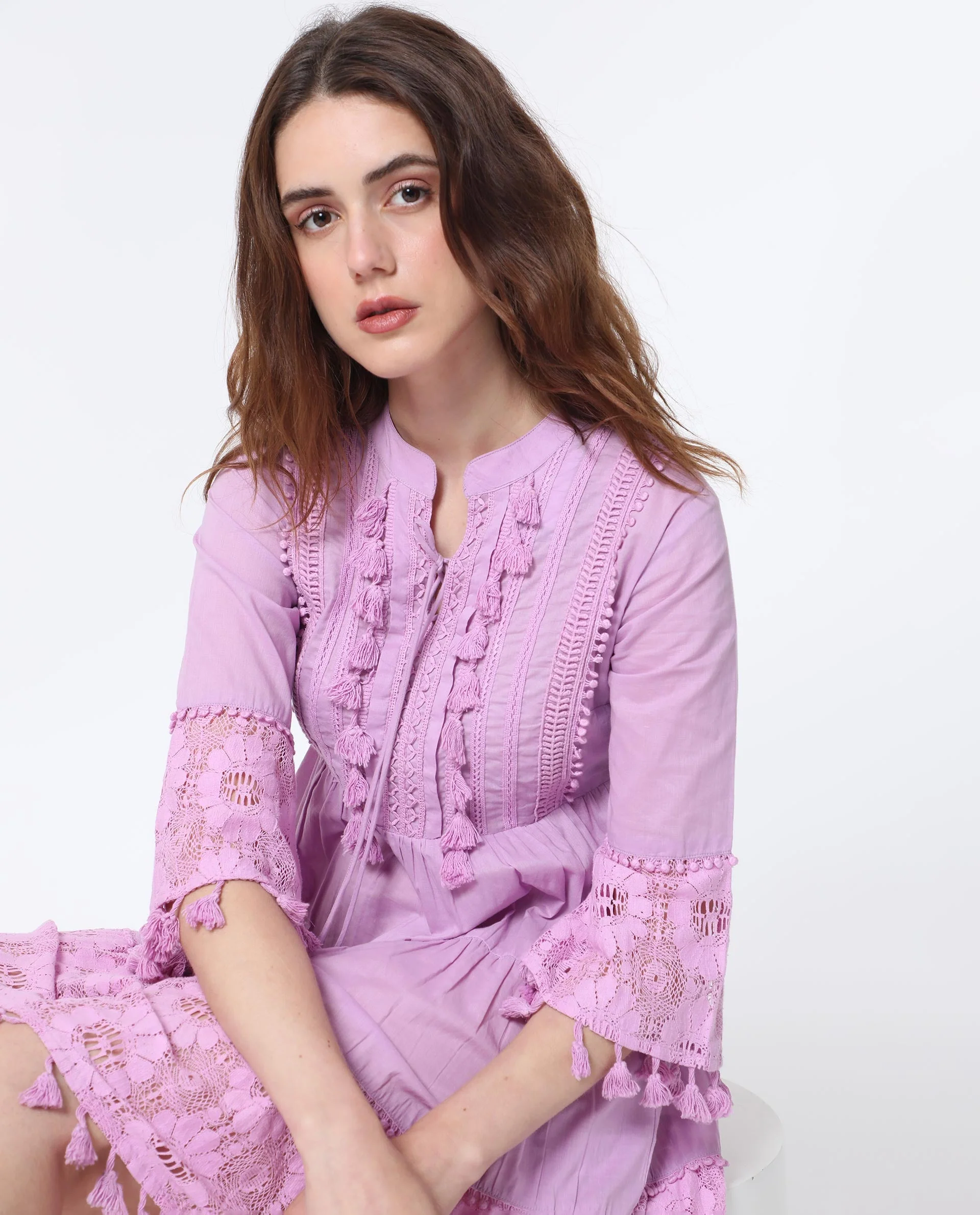 Rareism Women's Andarin Light Purple Cotton Tie-Up Neck Plain Bell Sleeve Knee Length Regular Fit Dress - Image 3