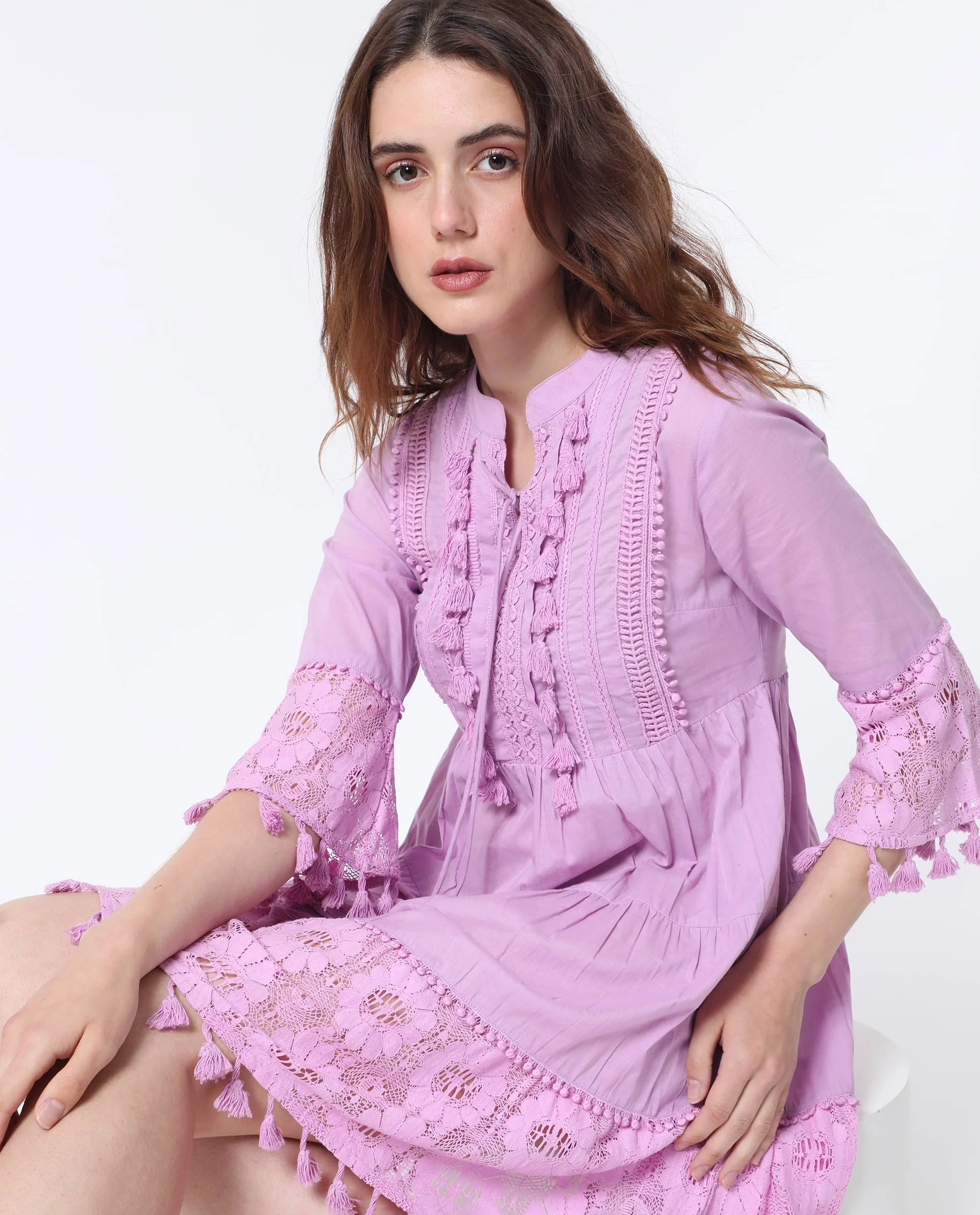 Rareism Women's Andarin Light Purple Cotton Tie-Up Neck Plain Bell Sleeve Knee Length Regular Fit Dress - Image 4