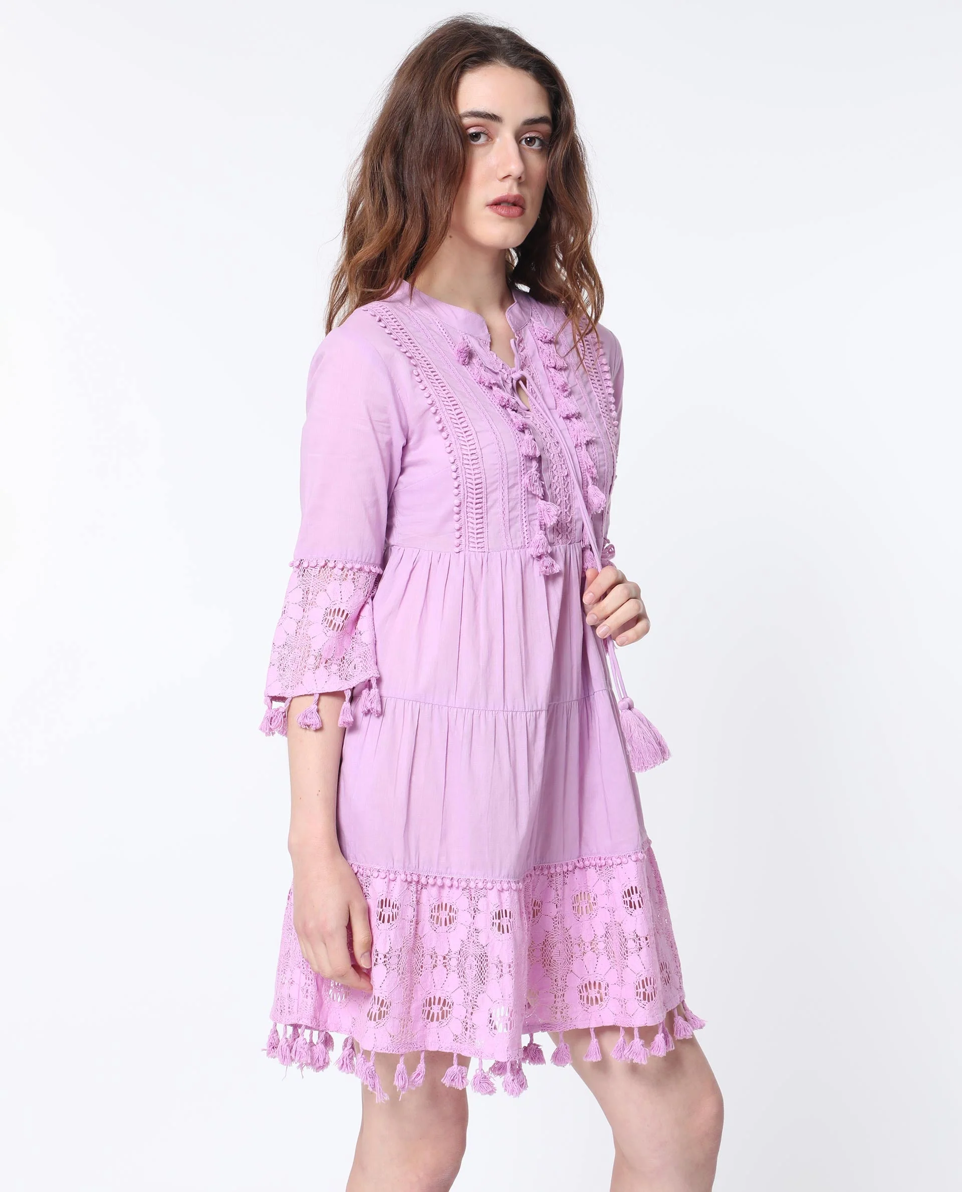 Rareism Women's Andarin Light Purple Cotton Tie-Up Neck Plain Bell Sleeve Knee Length Regular Fit Dress - Image 5