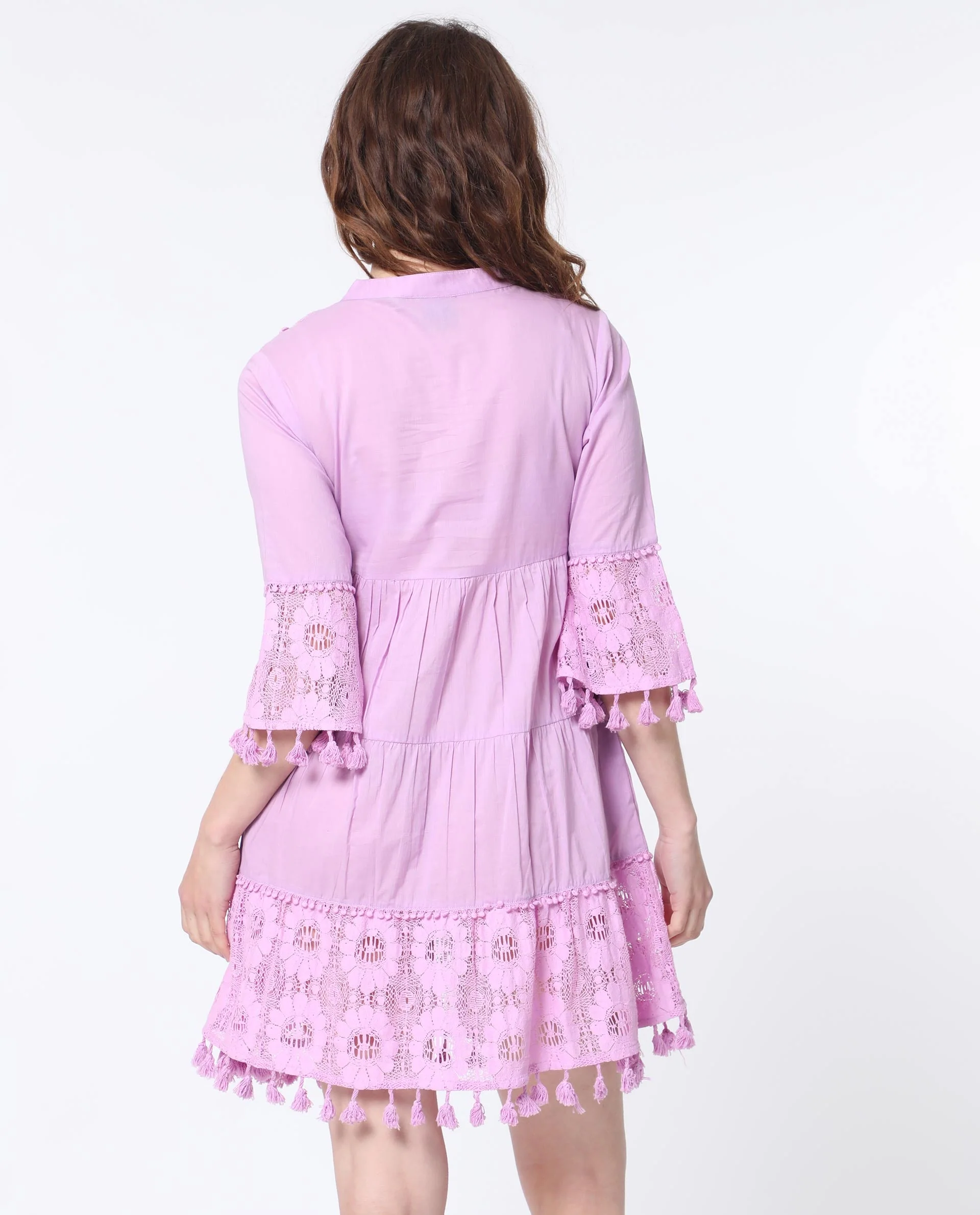 Rareism Women's Andarin Light Purple Cotton Tie-Up Neck Plain Bell Sleeve Knee Length Regular Fit Dress - Image 6