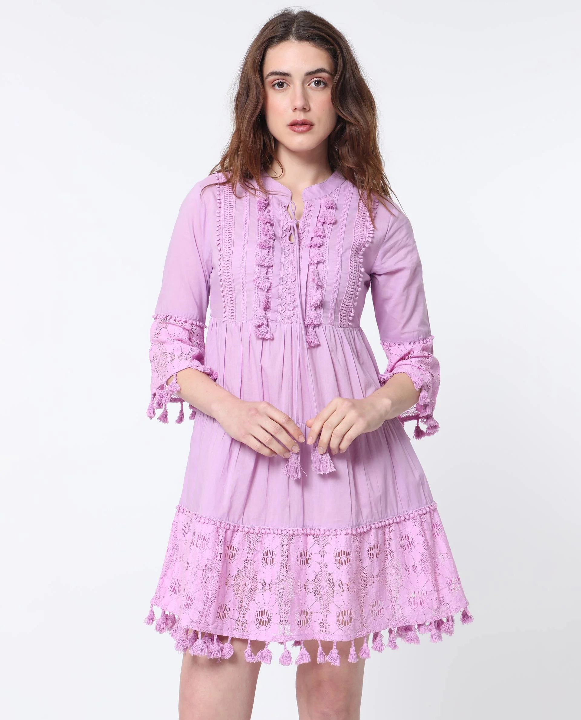 Rareism Women's Andarin Light Purple Cotton Tie-Up Neck Plain Bell Sleeve Knee Length Regular Fit Dress - Image 7