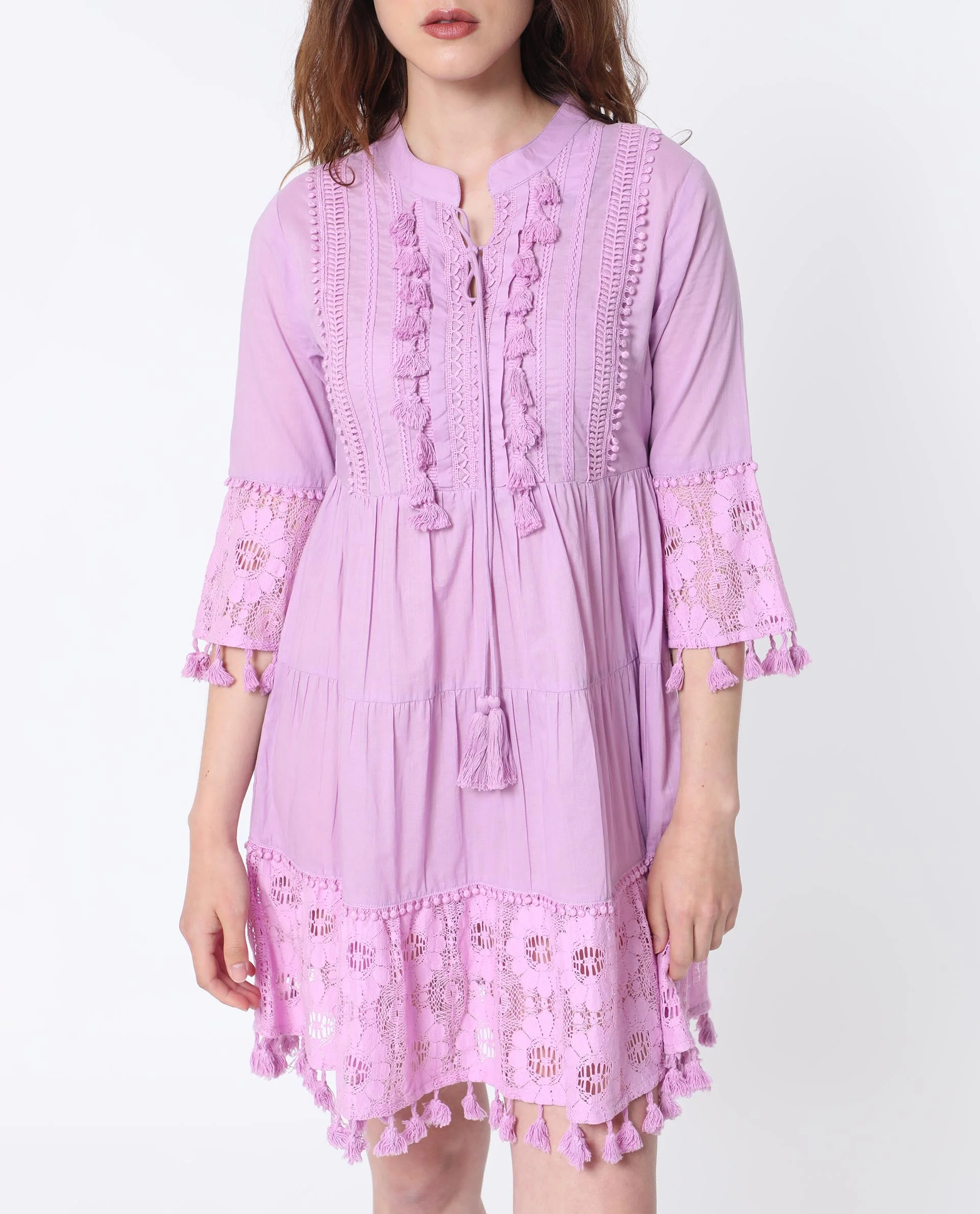 Rareism Women's Andarin Light Purple Cotton Tie-Up Neck Plain Bell Sleeve Knee Length Regular Fit Dress - Image 8