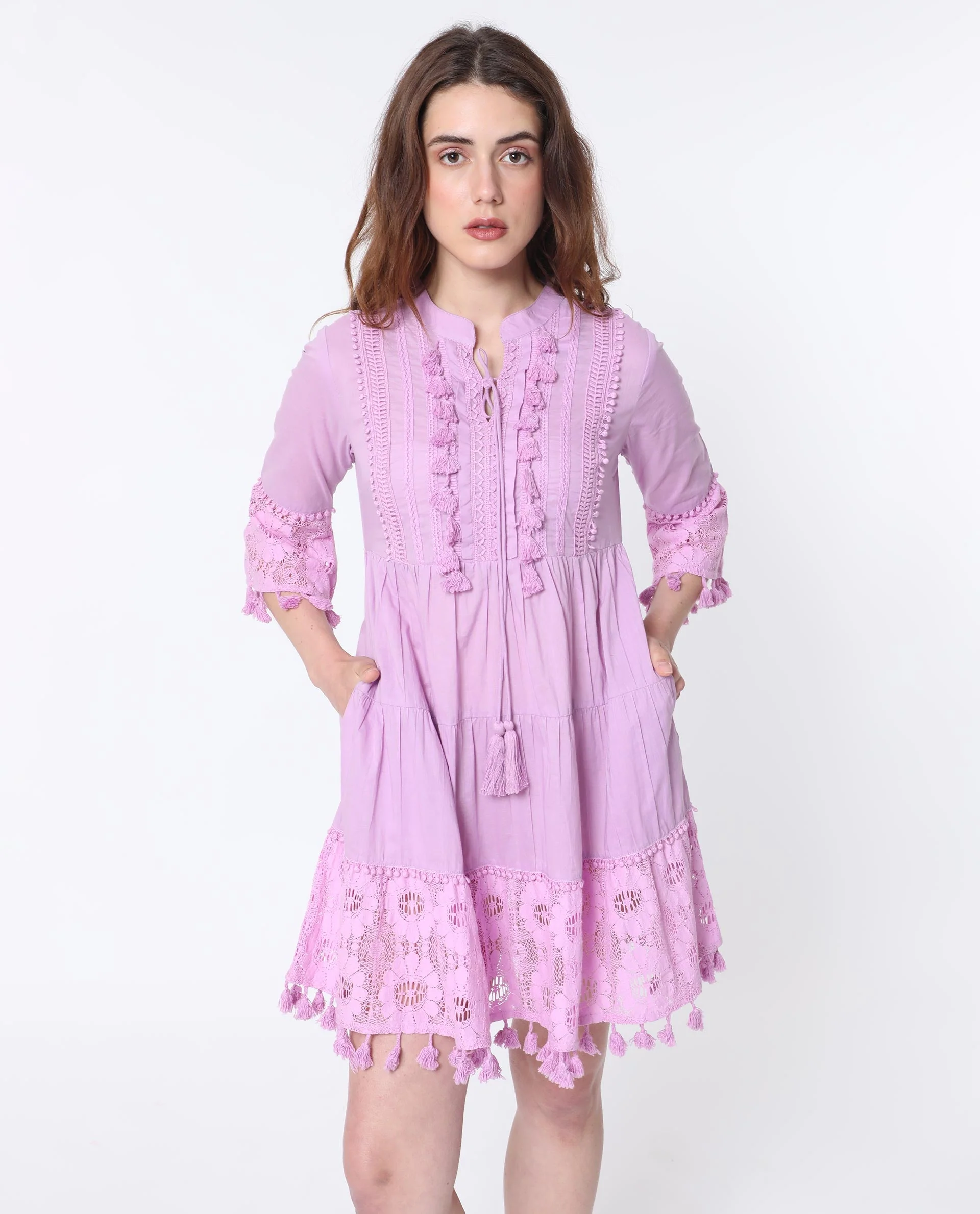 Rareism Women's Andarin Light Purple Cotton Tie-Up Neck Plain Bell Sleeve Knee Length Regular Fit Dress - Image 9