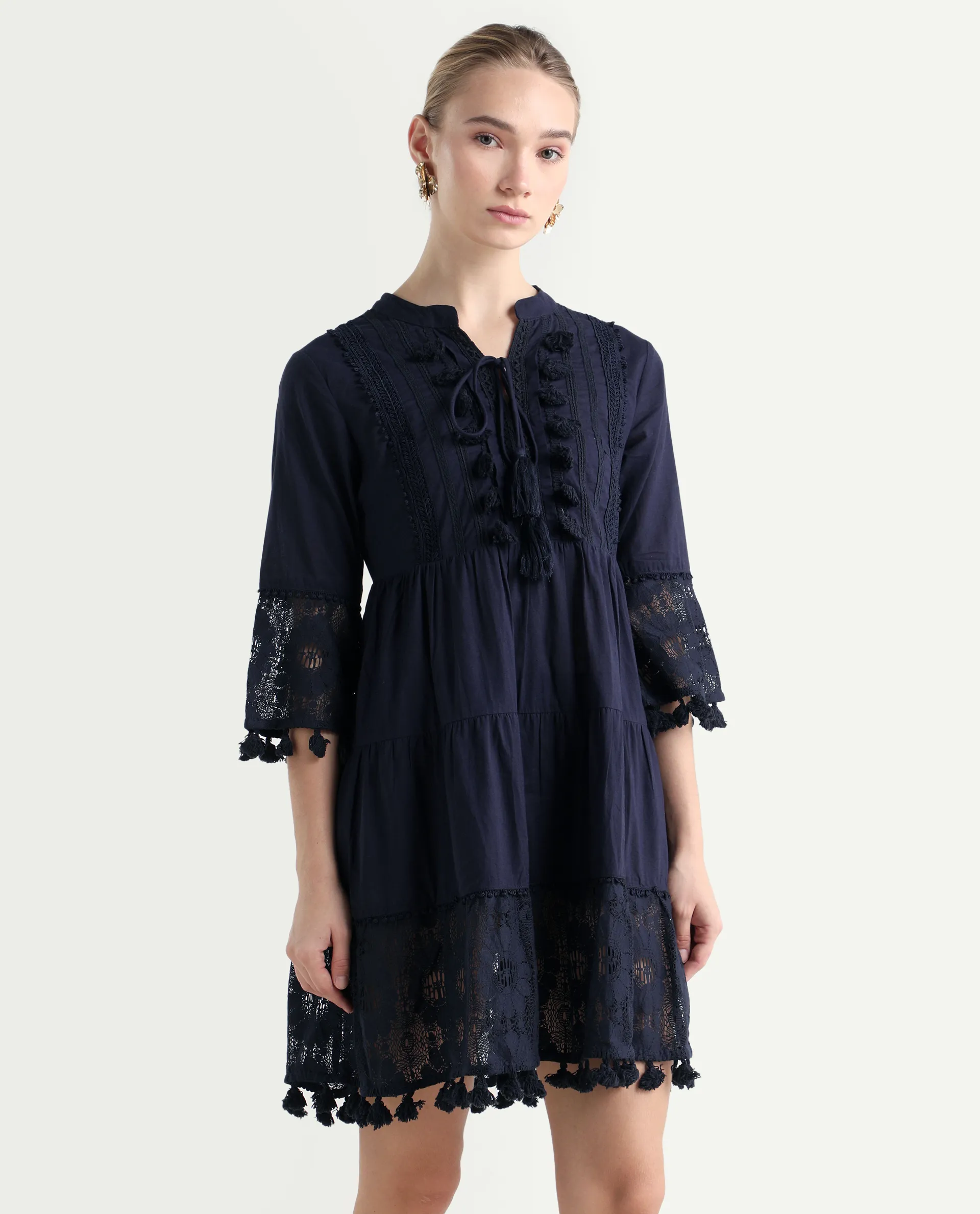 Rareism Women's Andarin Navy Cotton Tie-Up Neck Plain Bell Sleeve Knee Length Regular Fit Dress