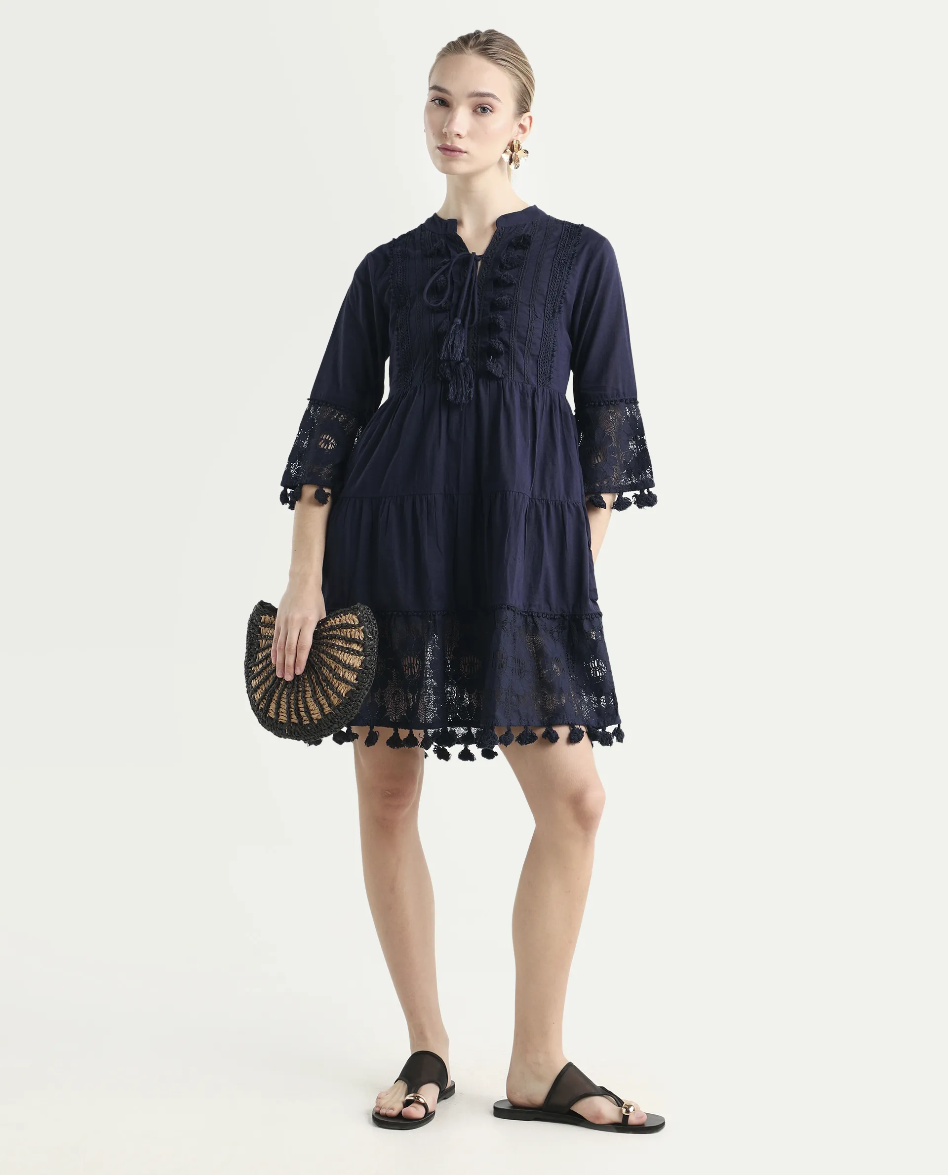 Rareism Women's Andarin Navy Cotton Tie-Up Neck Plain Bell Sleeve Knee Length Regular Fit Dress - Image 2